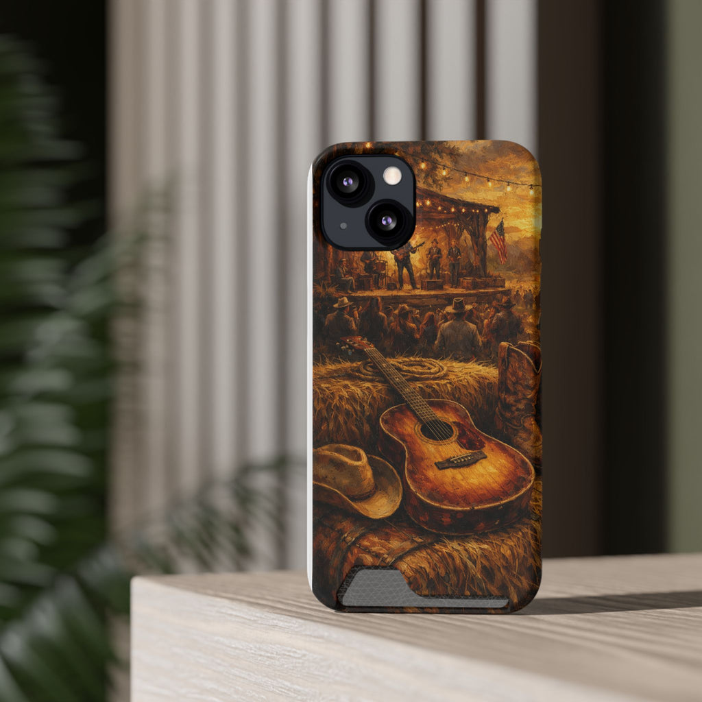 Country Music Guitar Phone Case with Card Holder — Rustic Concert Scene