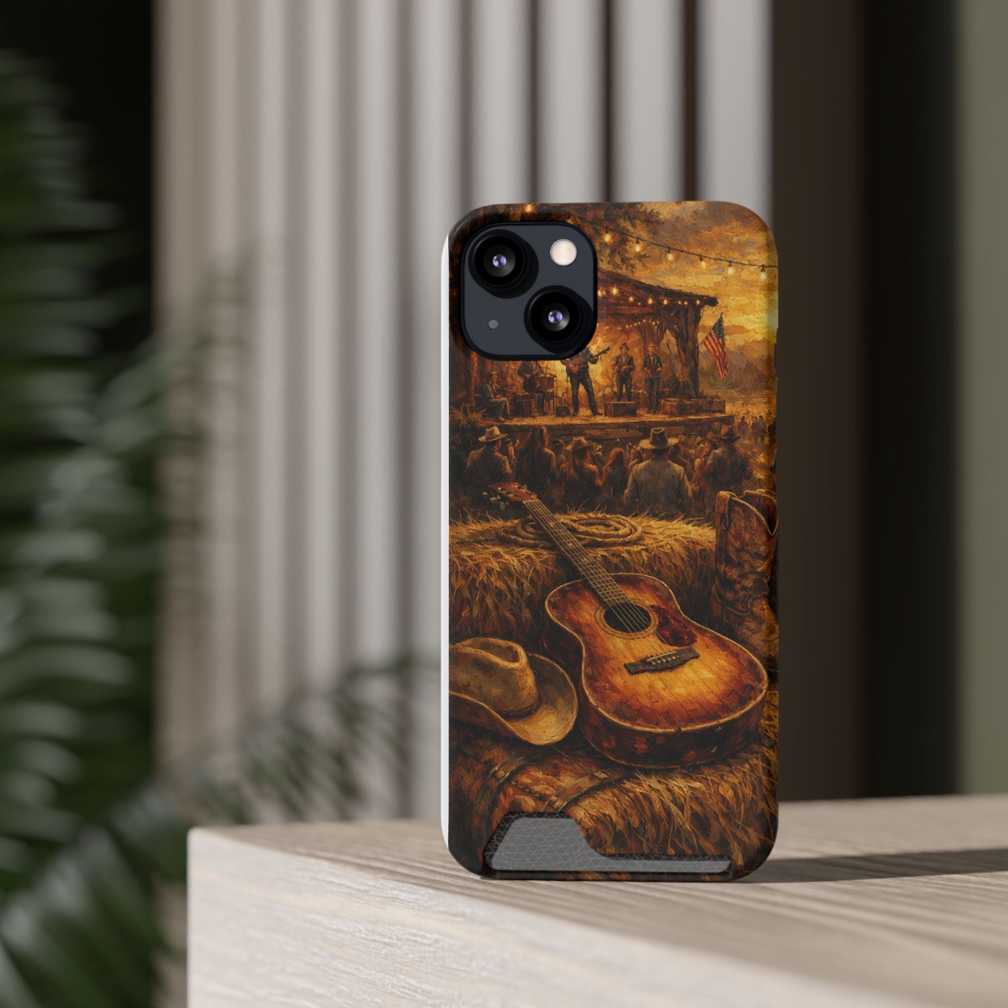 Country Music Guitar Phone Case with Card Holder — Rustic Concert Scene