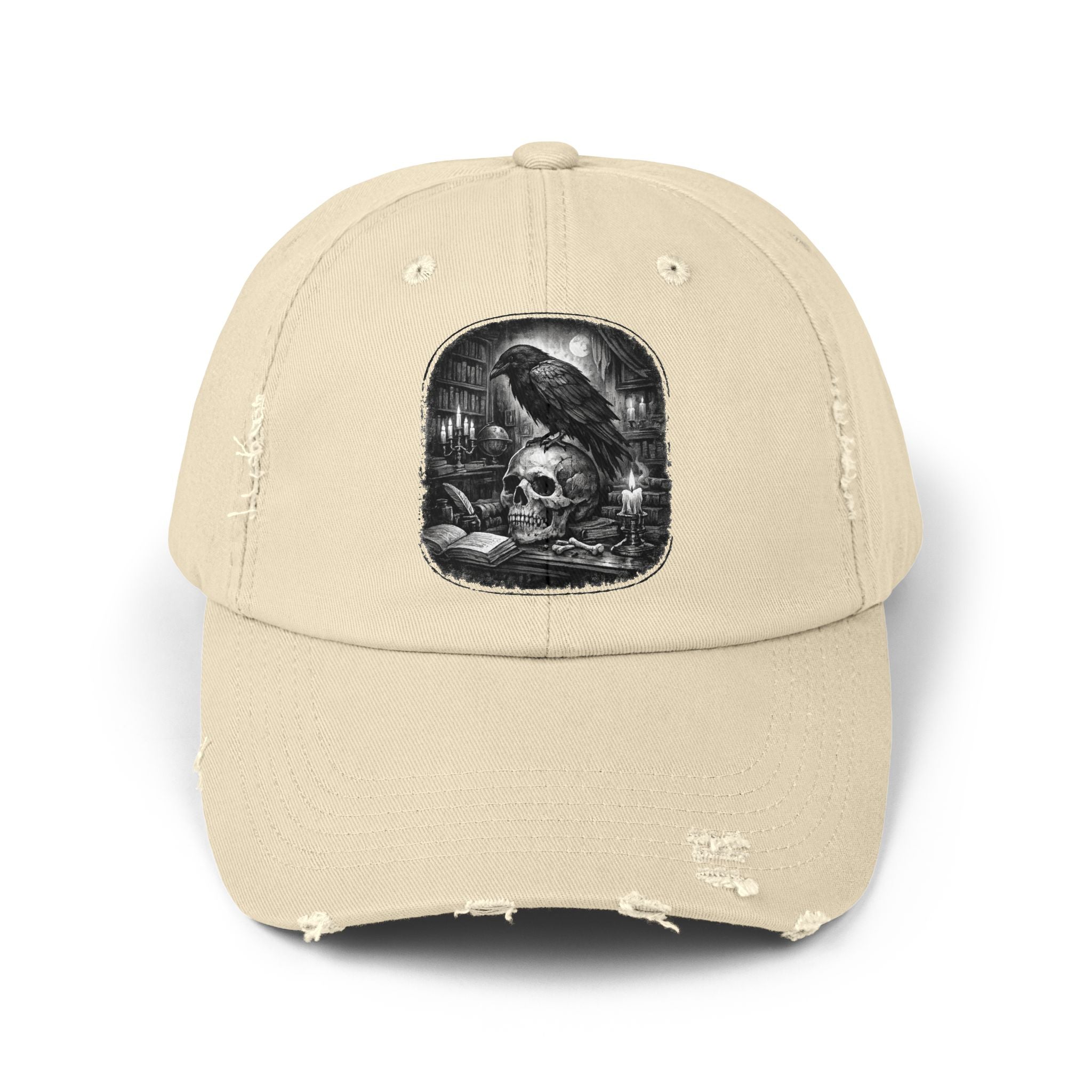 Distressed Raven & Skull Cap — Gothic Vintage Baseball Hat