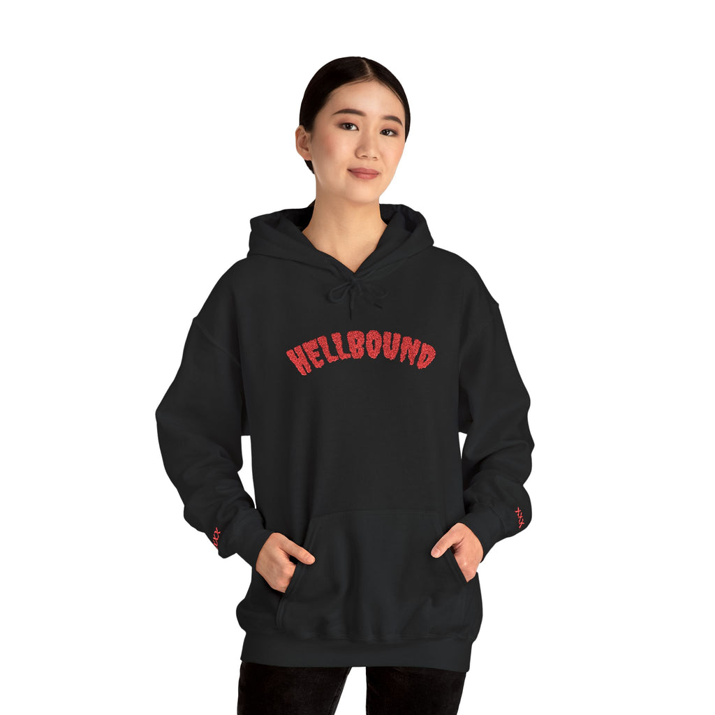 Hellbound Hoodie — Gothic Red Script Embroidered Pullover