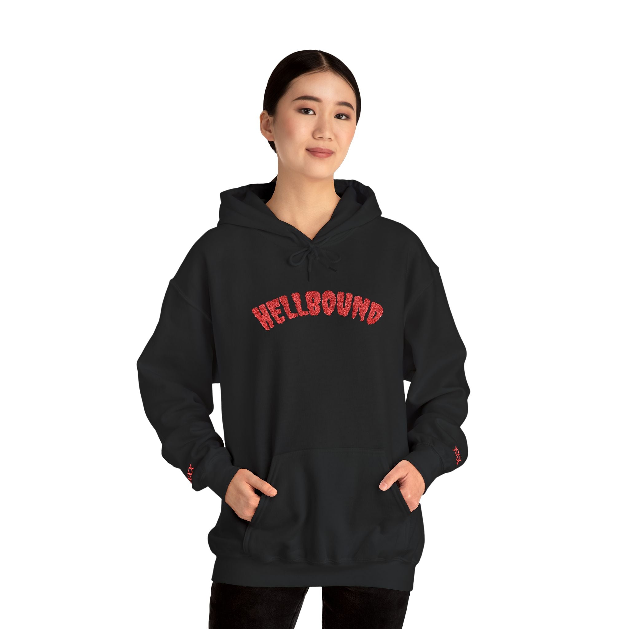 Hellbound Hoodie — Gothic Red Script Embroidered Pullover