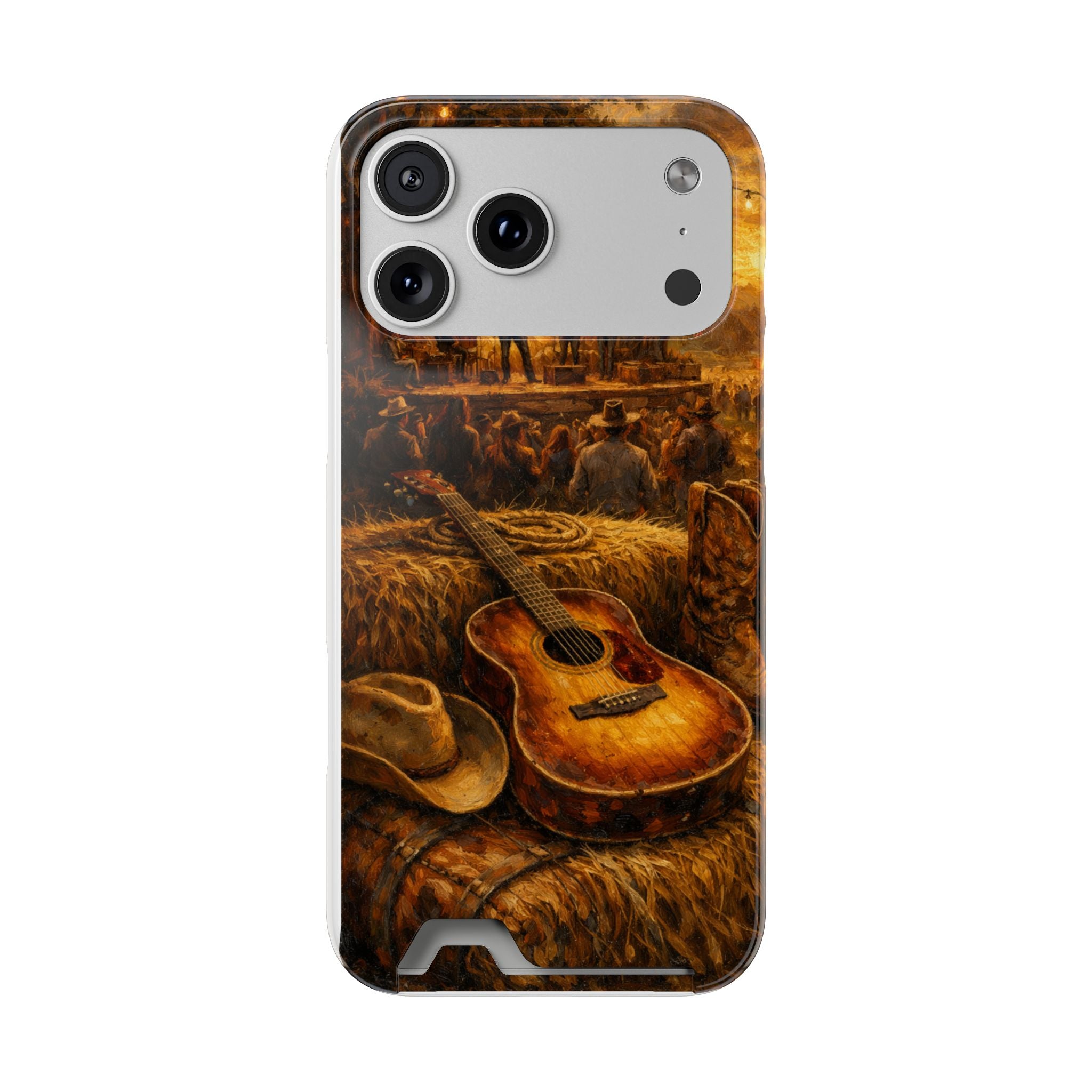 Country Music Guitar Phone Case with Card Holder — Rustic Concert Scene