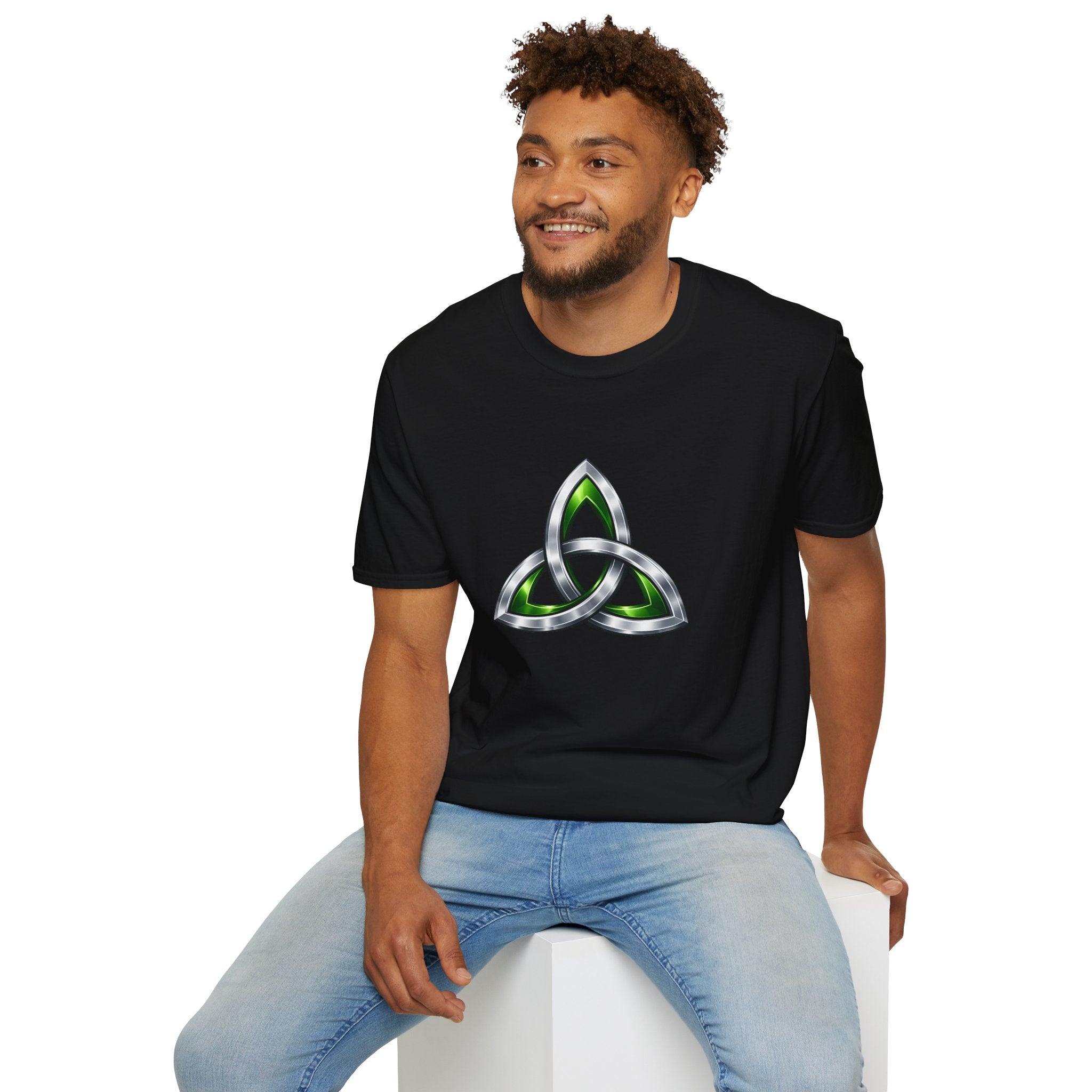 Celtic Trinity Knot T-Shirt — Metallic Green Triquetra Design