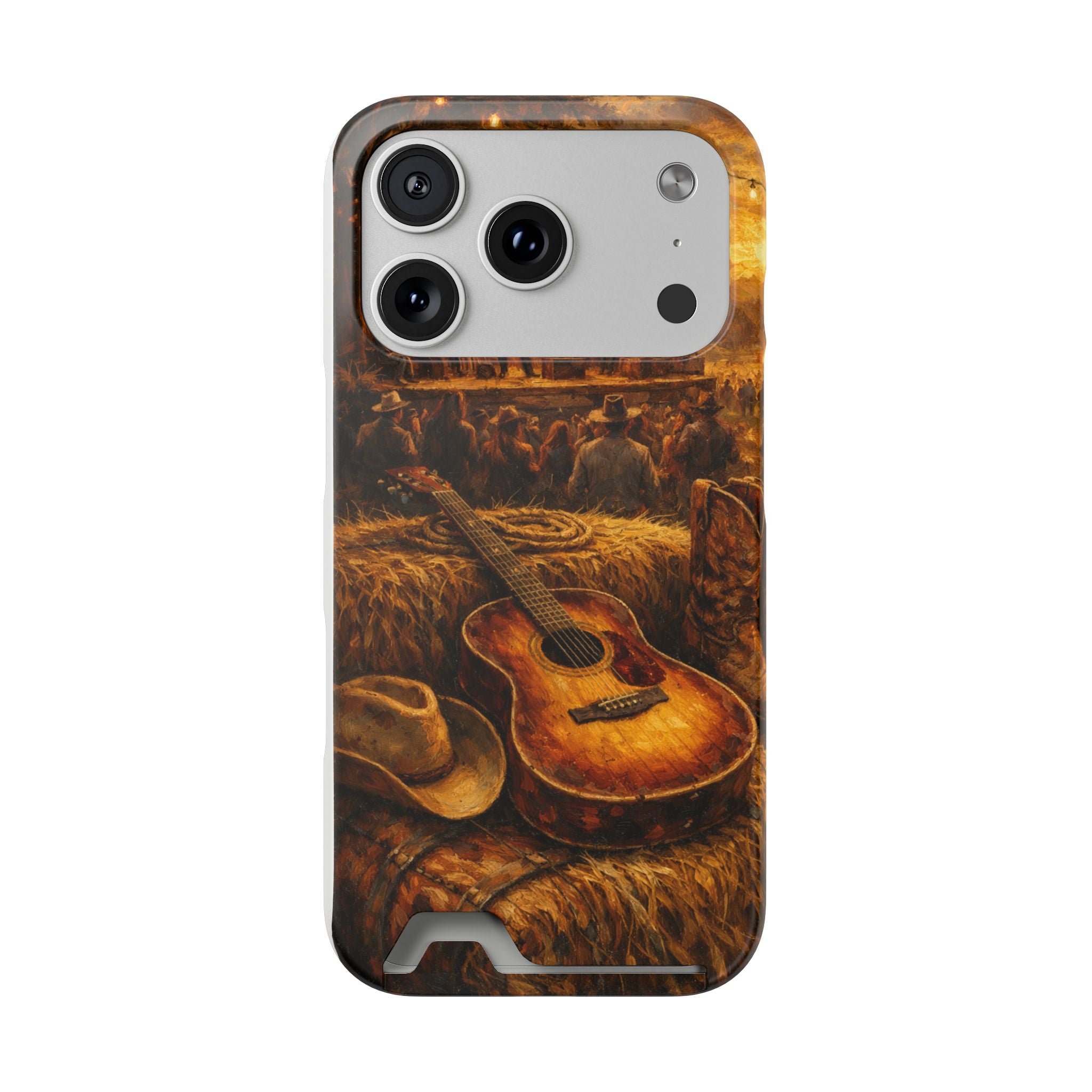 Country Music Guitar Phone Case with Card Holder — Rustic Concert Scene