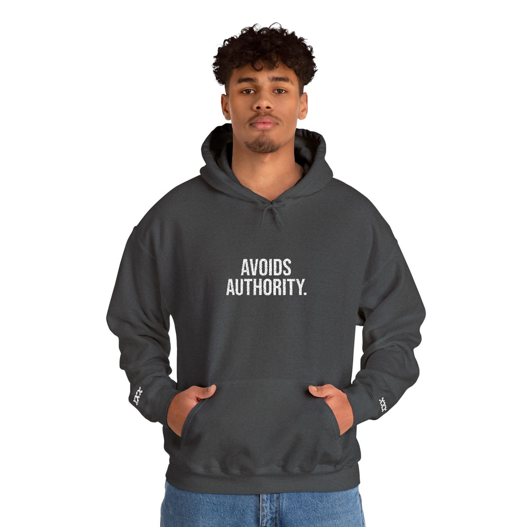 Avoids Authority Hoodie — Rebellious Embroidered Pullover