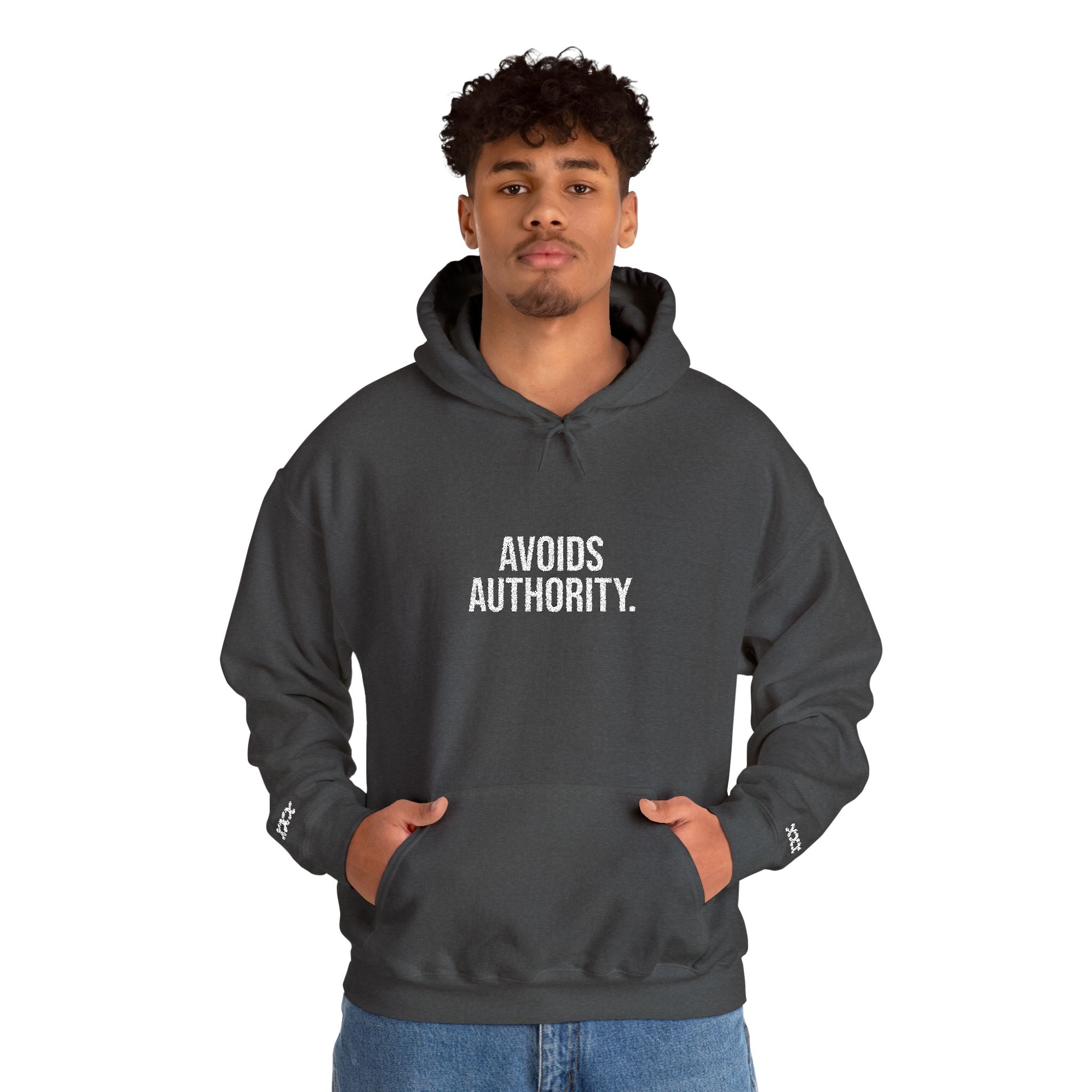 Avoids Authority Hoodie — Rebellious Embroidered Pullover