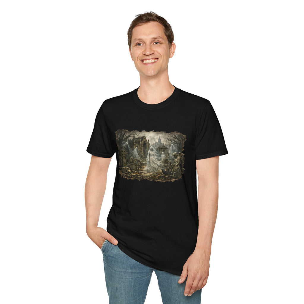 Gothic Graveyard Scene T-Shirt — Haunted Victorian Spirits Design