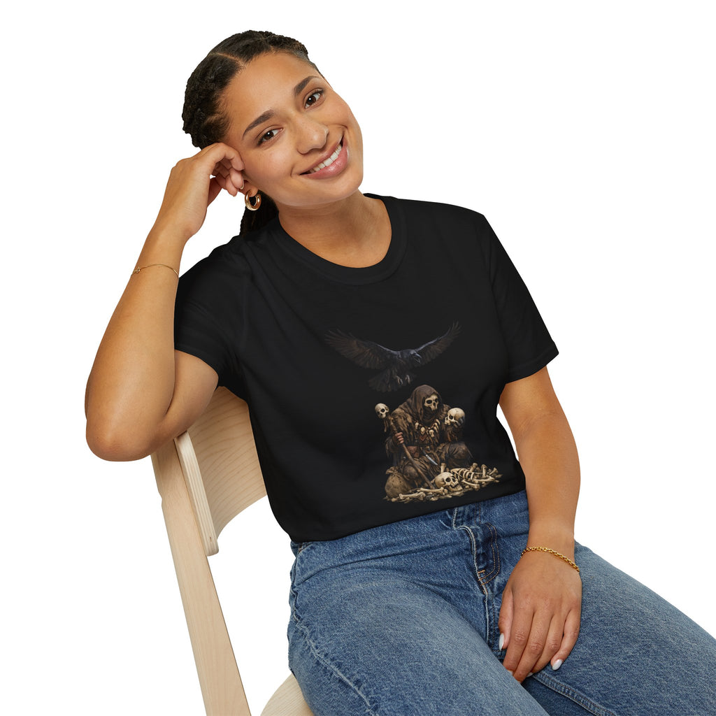 Bone Collector & Raven T-Shirt — Gothic Skull Cemetery Tee