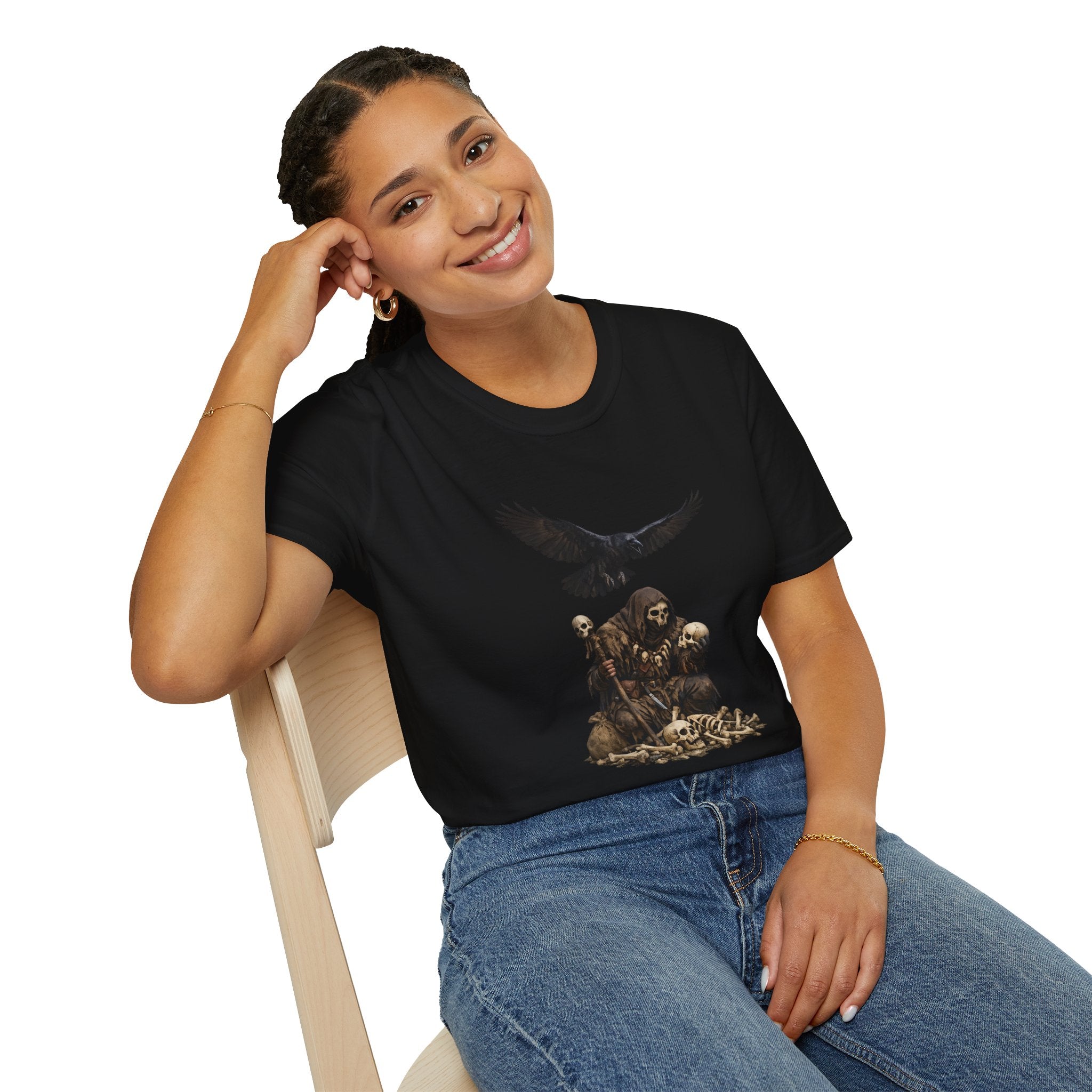Bone Collector & Raven T-Shirt — Gothic Skull Cemetery Tee