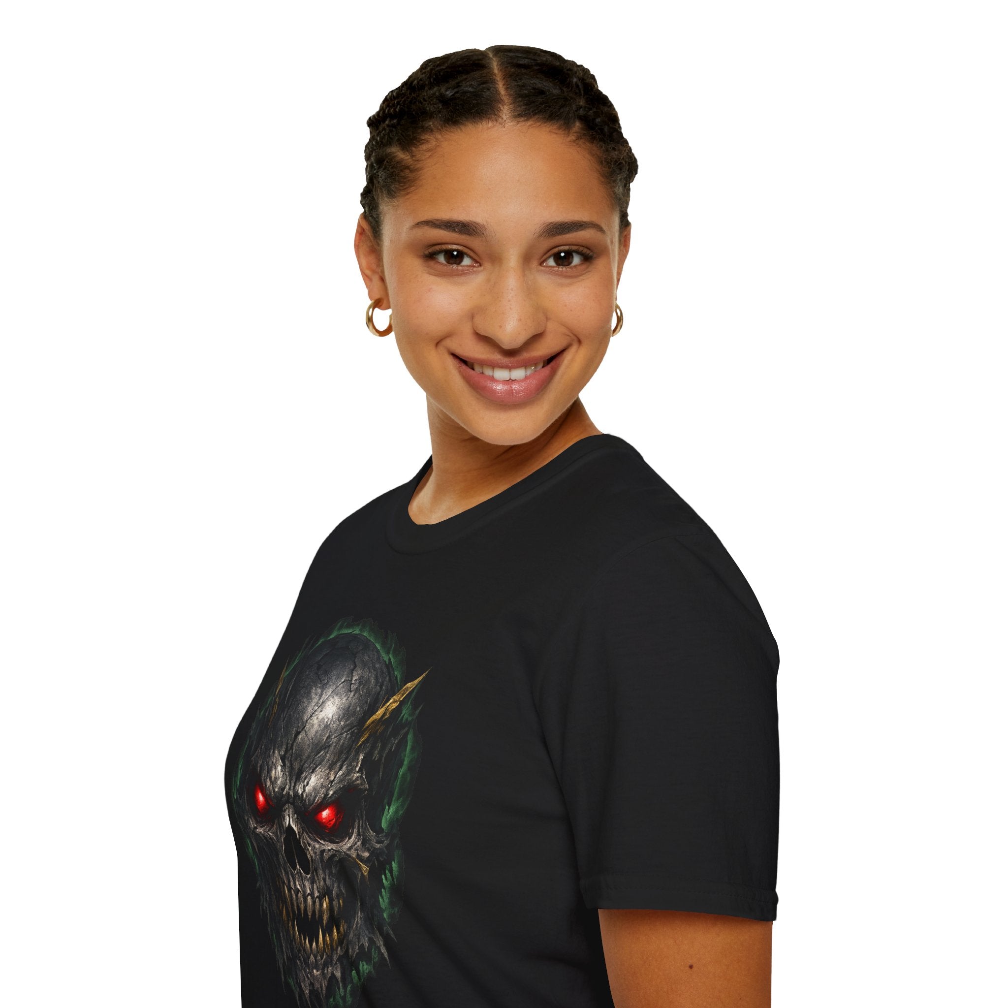 Angry Skull T-Shirt with Red Glowing Eyes — Gothic Horror Graphic Tee