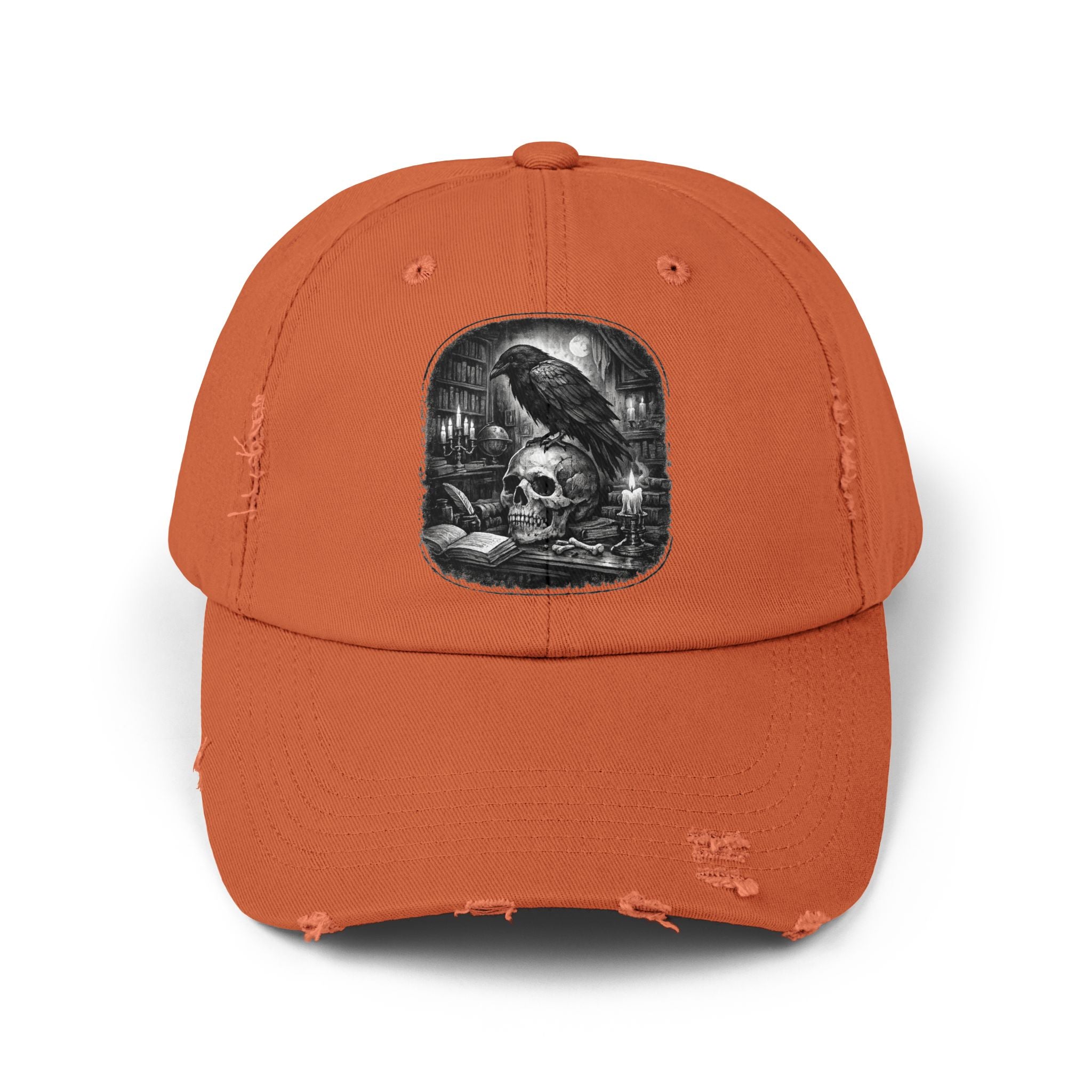 Distressed Raven & Skull Cap — Gothic Vintage Baseball Hat