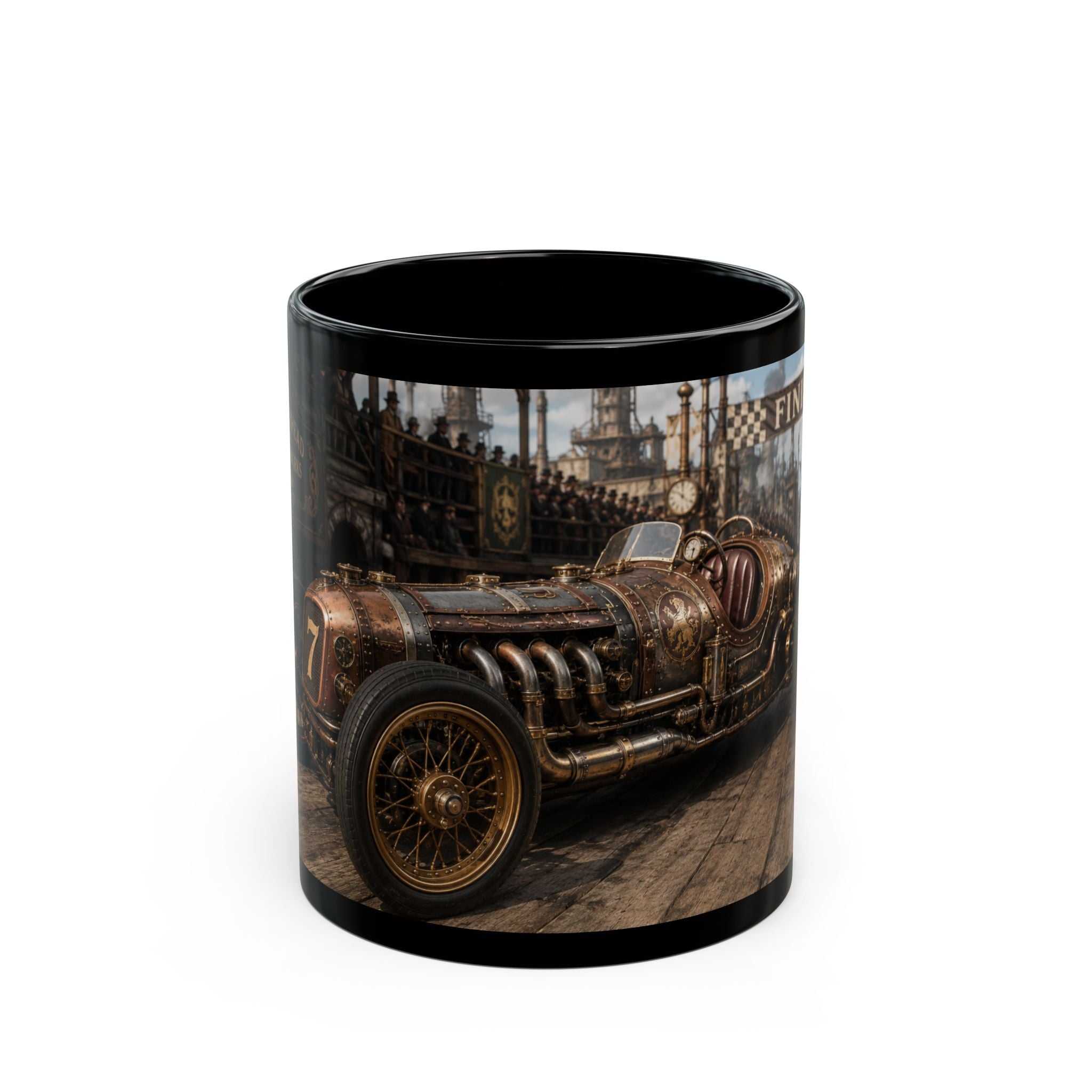 Steampunk Vintage Racecar Black Mug - 'Finish' Retro Racing Coffee Cup (11oz/15oz)