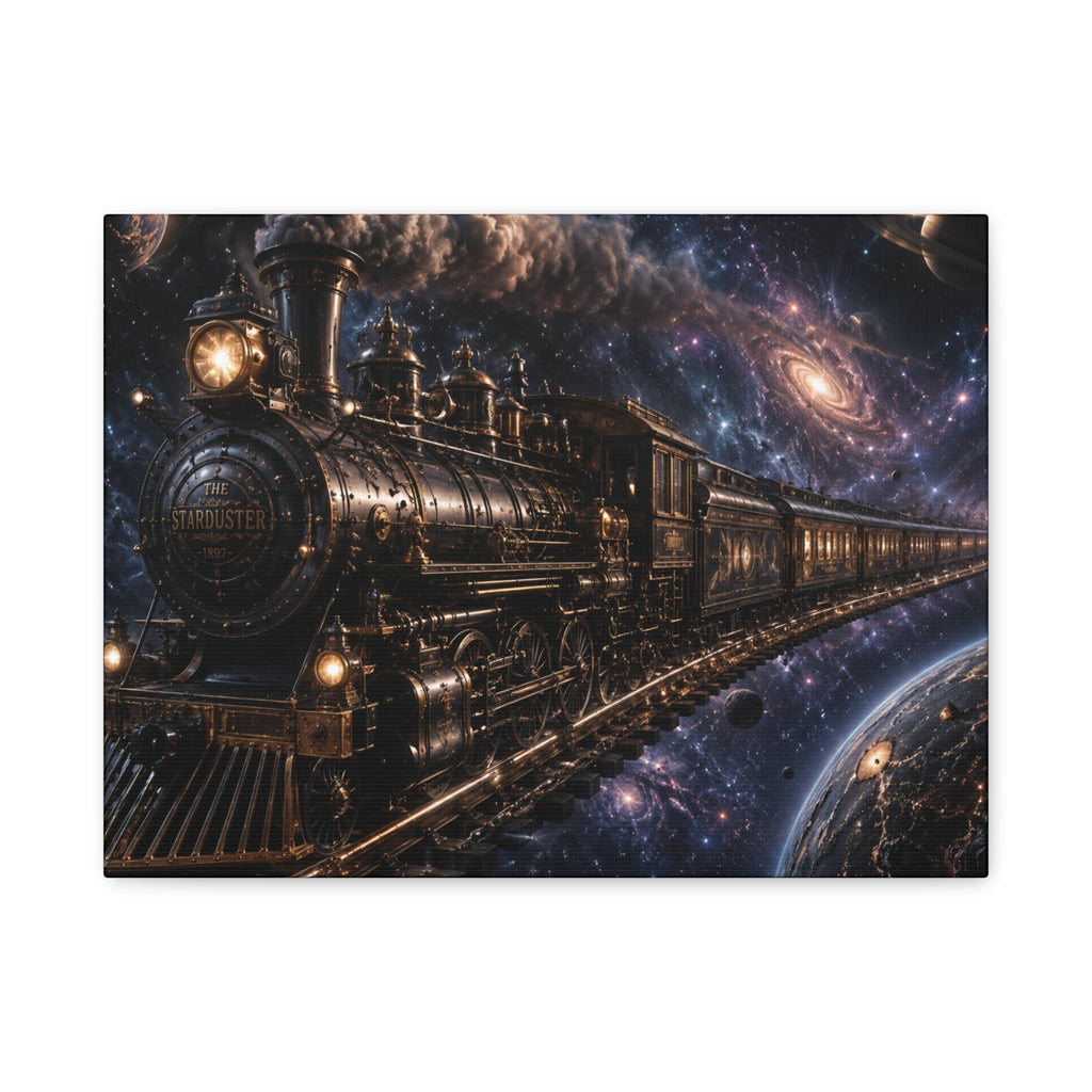 Steam Train Through the Cosmos Canvas Art — Vintage Locomotive Space Poster
