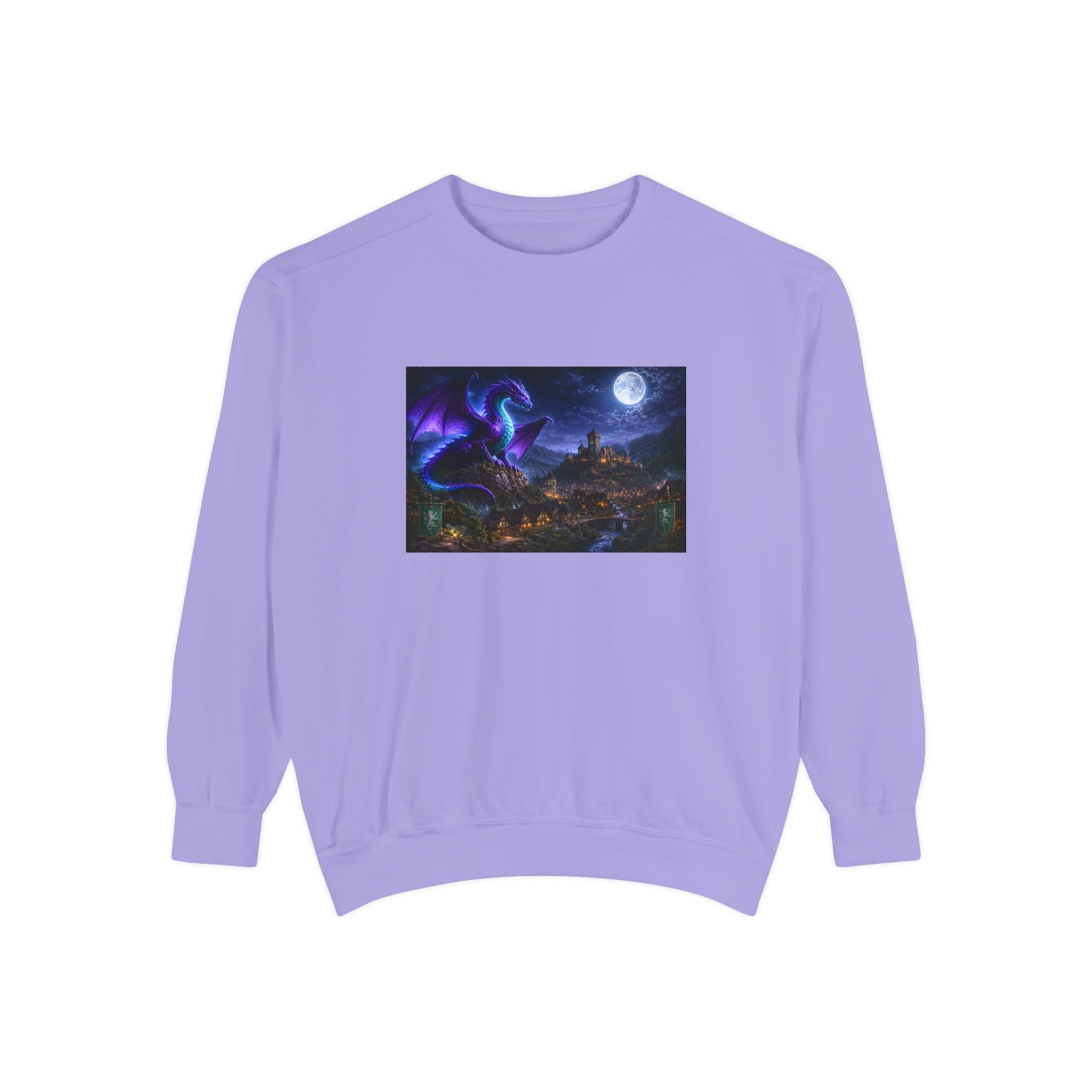 Dragon Night Sweatshirt — Mystical Purple Dragon Over Moonlit Village