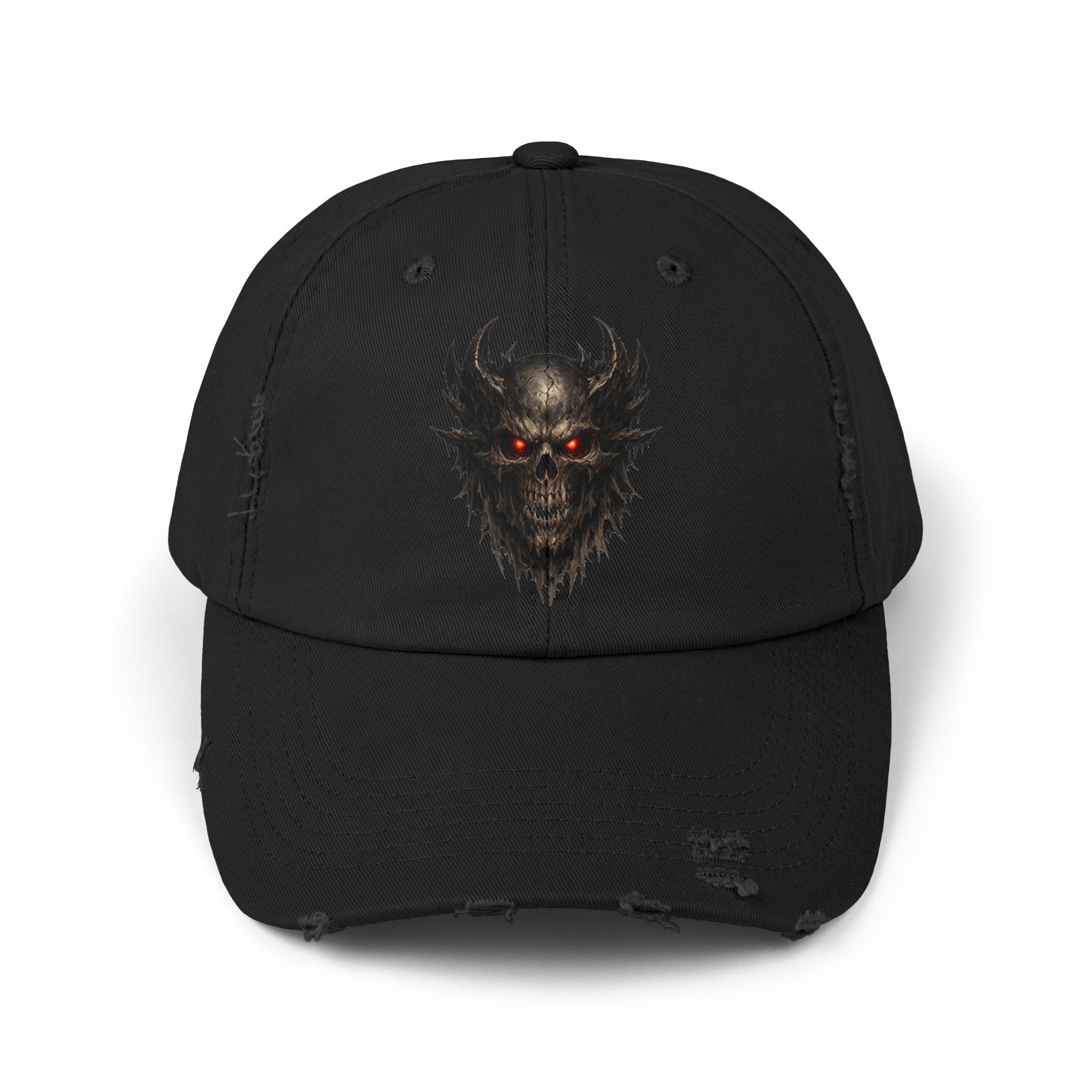 Distressed Skull Cap with Glowing Red Eyes — Gothic Demon Hat