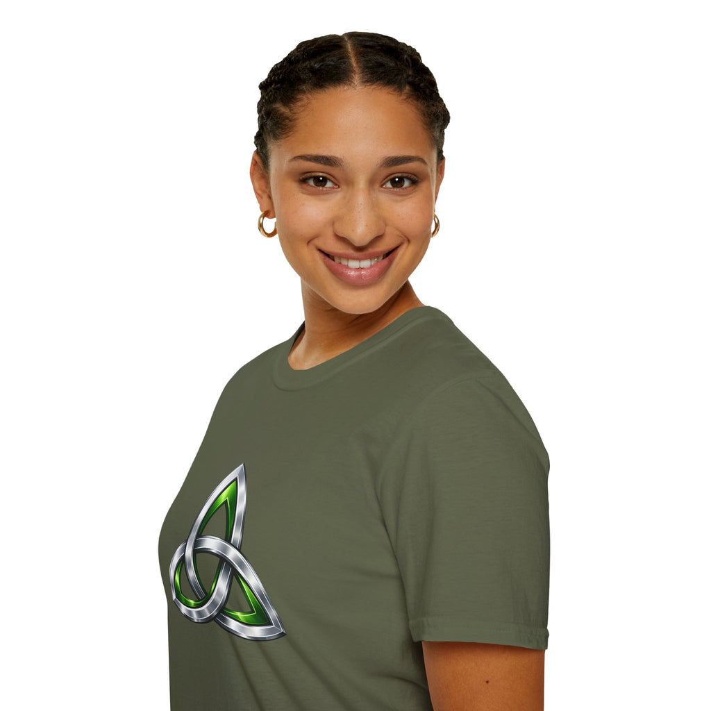 Celtic Trinity Knot T-Shirt — Metallic Green Triquetra Design