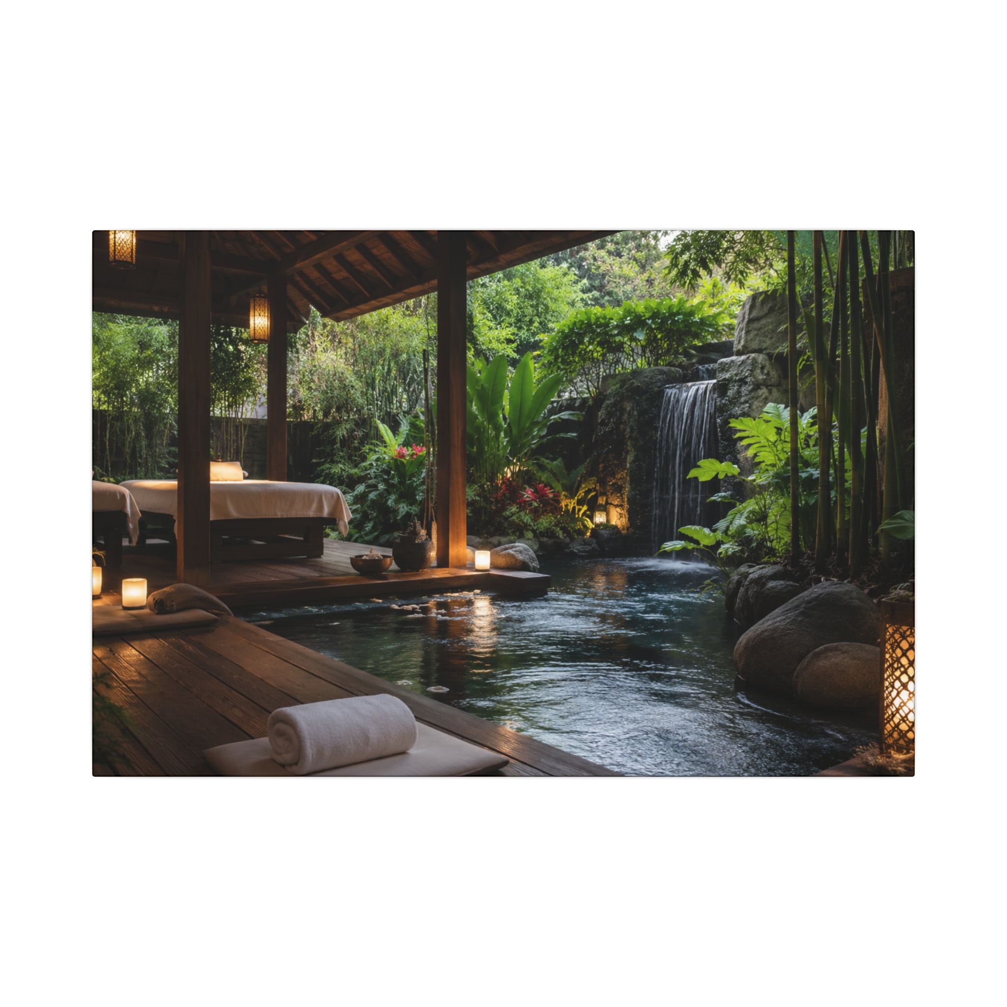 Spa Retreat Canvas Print — Tropical Waterfall Relaxation Wall Art