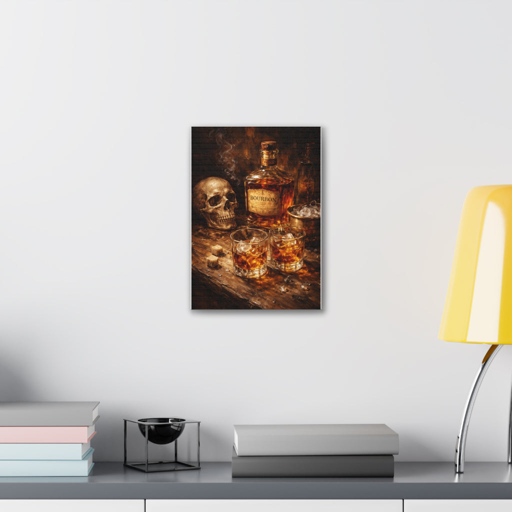 Bourbon Still Life Canvas Print — Skull & Whiskey Bar Art