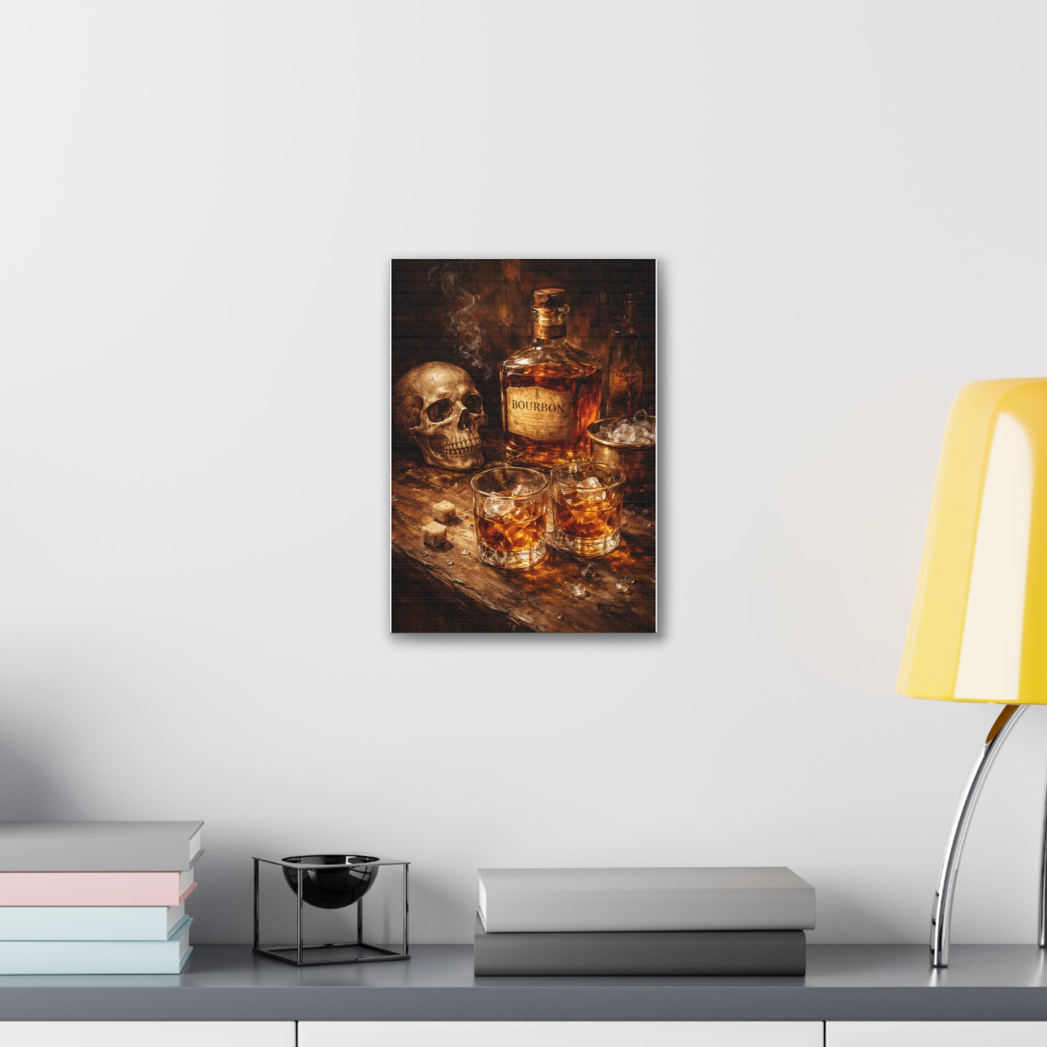Bourbon Still Life Canvas Print — Skull & Whiskey Bar Art