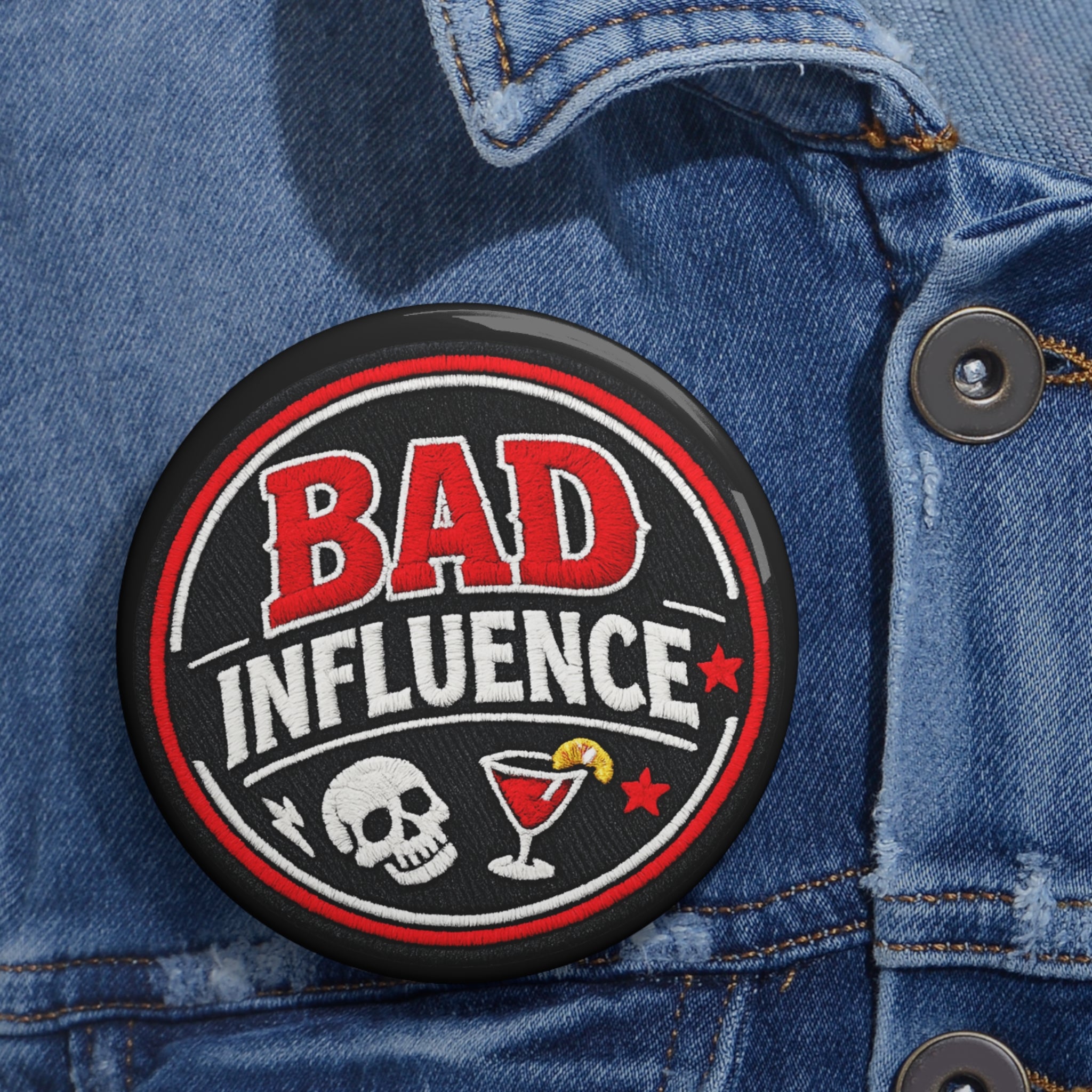 Bad Influence Pin Button — Funny Skull & Cocktail Enamel Jacket Badge