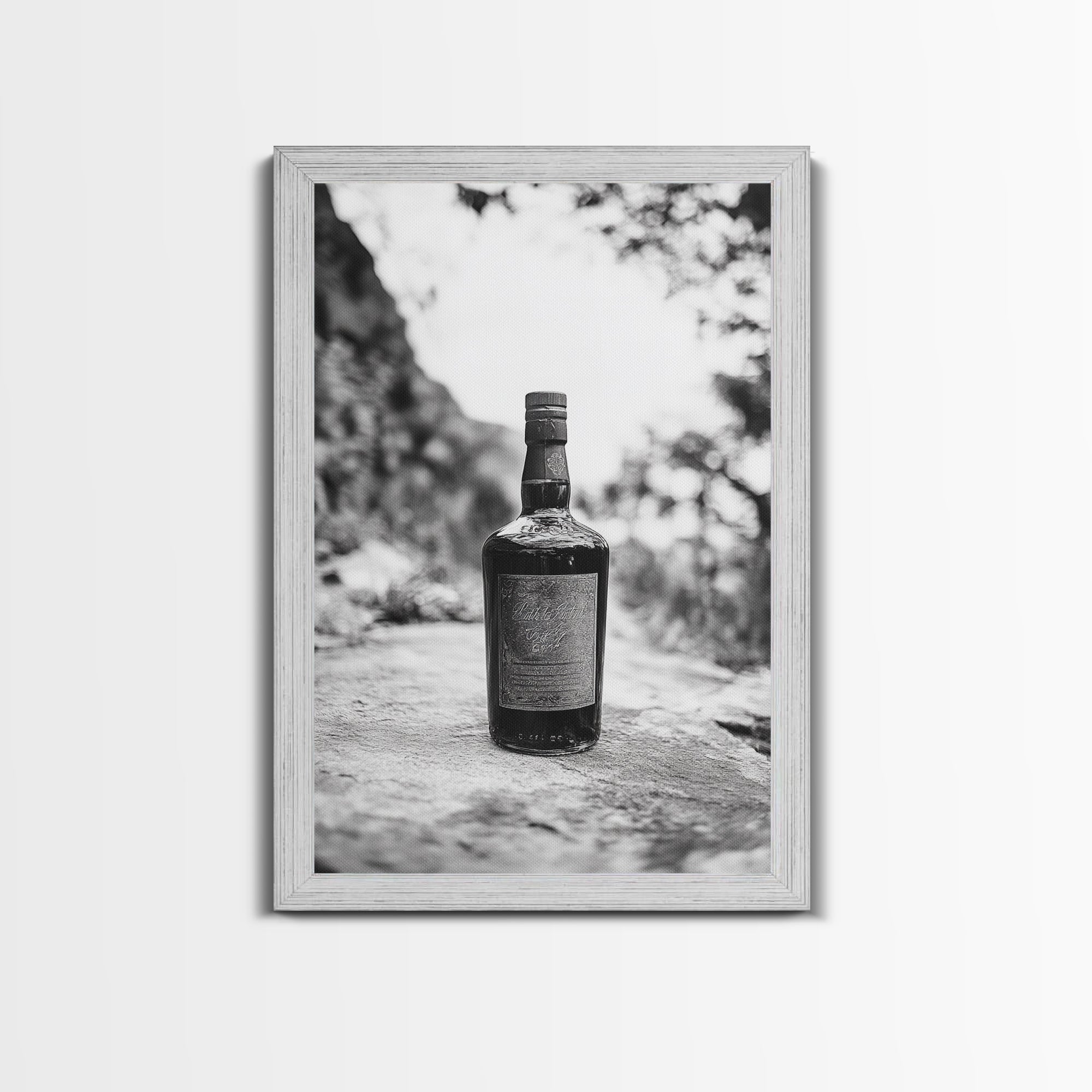 Vintage Whiskey Bottle, Rustic Outdoor Still, Timeless Spirits, Aged Detail, Framed Canvas Print, Man Cave Art, Bar Wall Decor