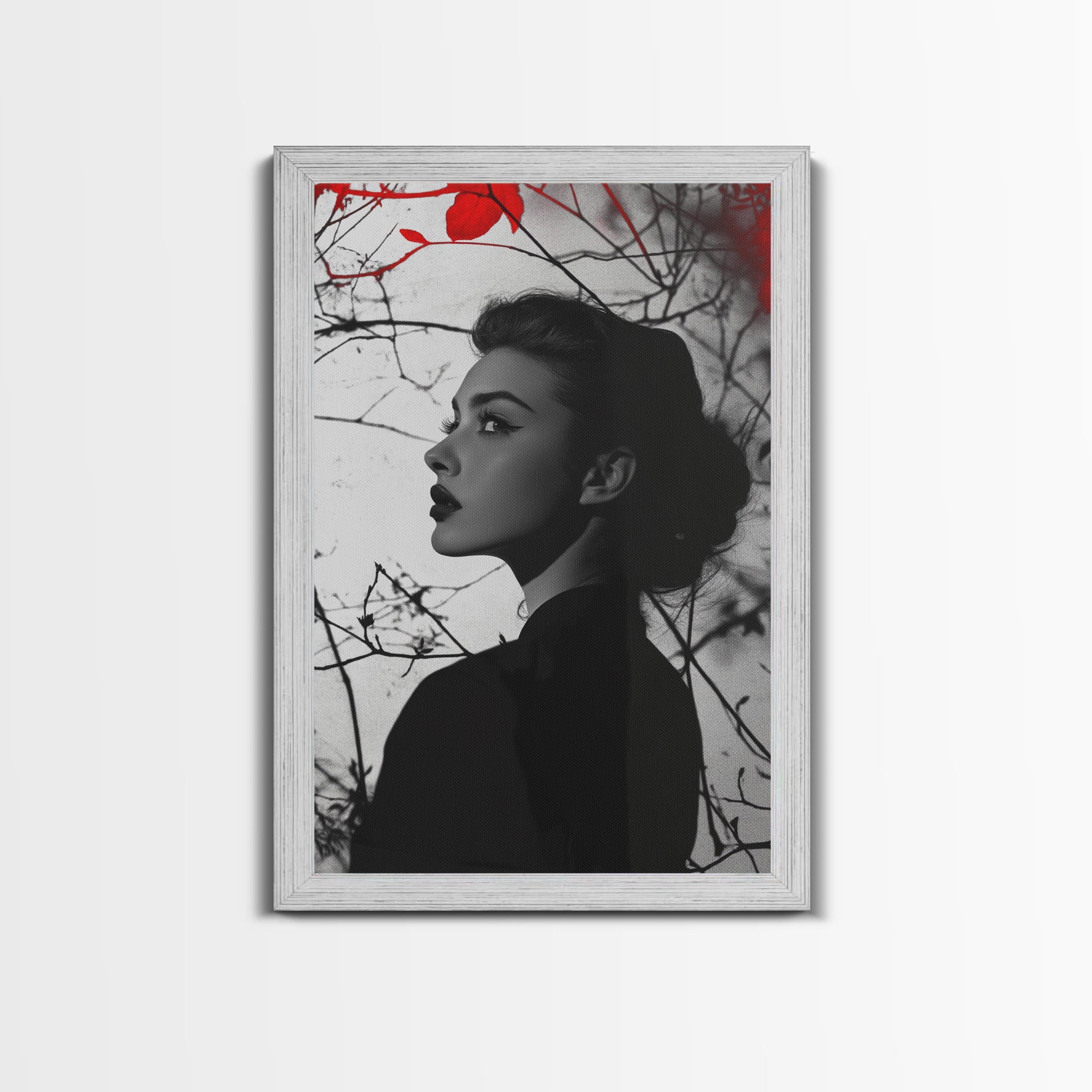 Noir Beauty, Red Accent Leaves, Dramatic Woman Profile, Framed Canvas Print, Glamour Wall Art, Gothic Bedroom Decor, Monochrome Style