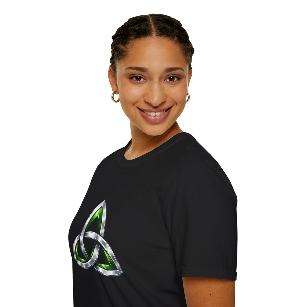 Celtic Trinity Knot T-Shirt — Metallic Green Triquetra Design