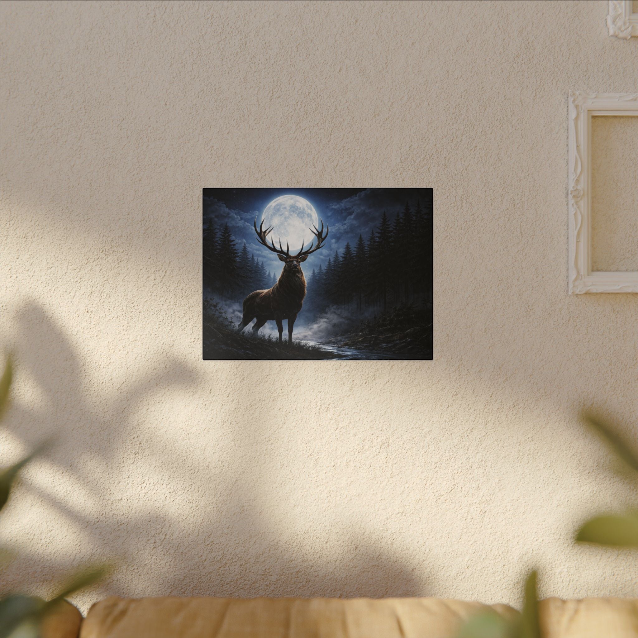 Moonlit Stag Canvas Wall Art — Majestic Deer in Forest Night Scene