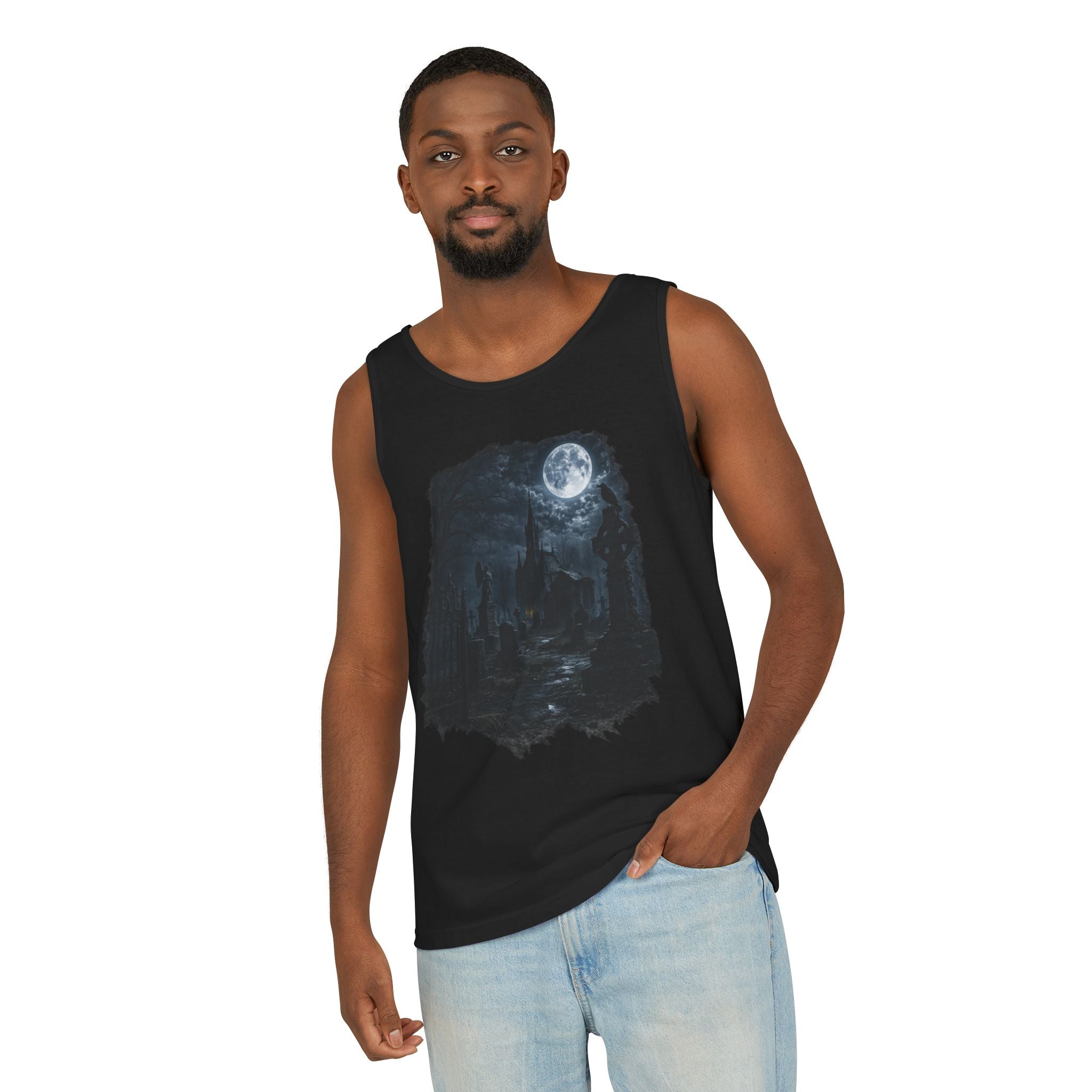 Moonlit Gothic Graveyard Tank Top — Dark Nightscape Graphic Tank