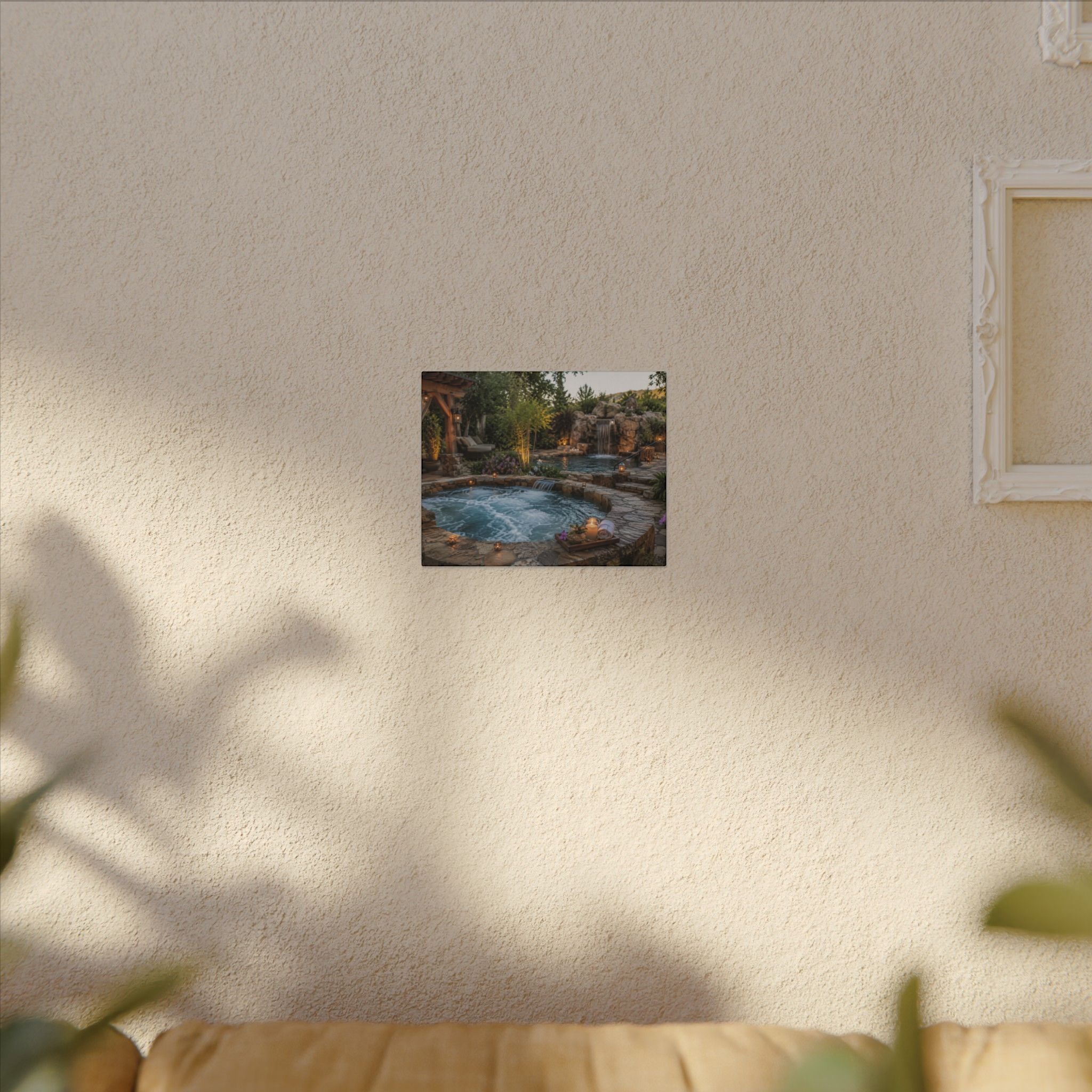 Relaxing Backyard Spa Canvas Wall Art – Tranquil Pool & Waterfall Scene
