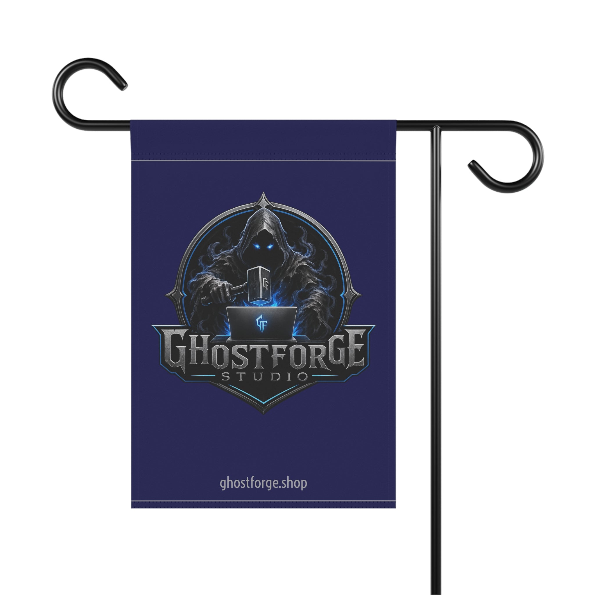 Ghostforge Studio Garden Flag — Dark Hooded Logo House Banner