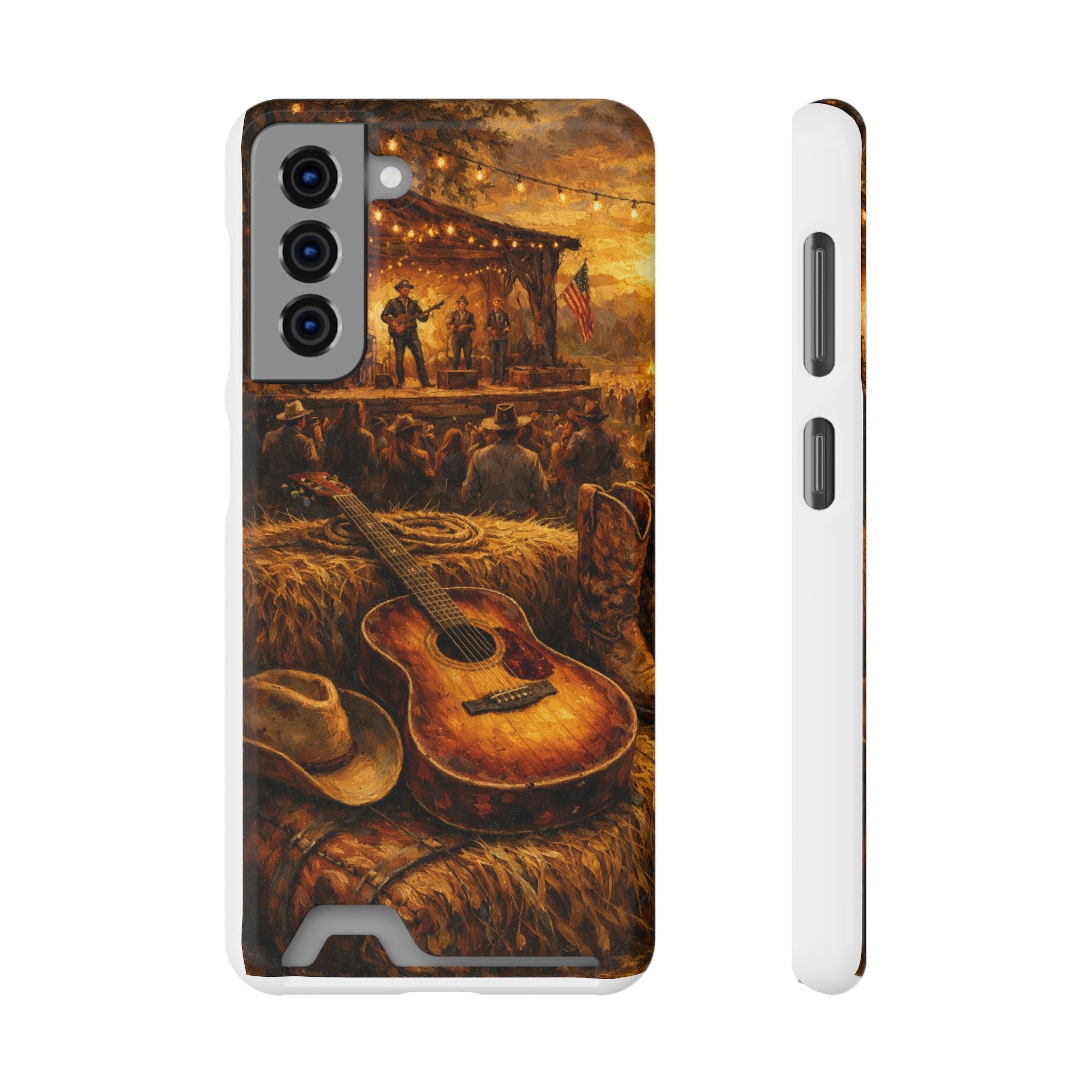 Country Music Guitar Phone Case with Card Holder — Rustic Concert Scene
