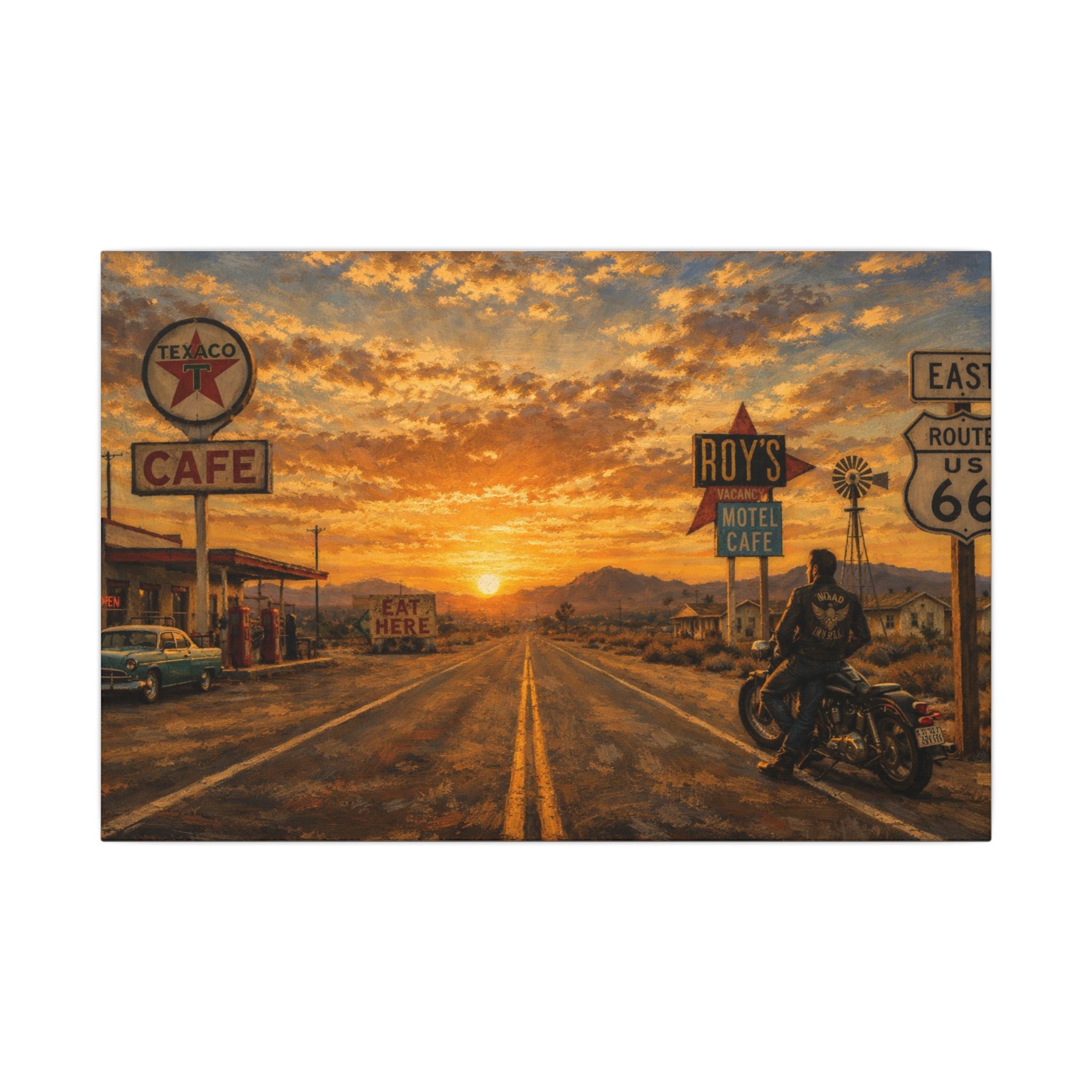 Route 66 Sunset Motorcycle Canvas Wall Art — Vintage Roadside Cafe Print