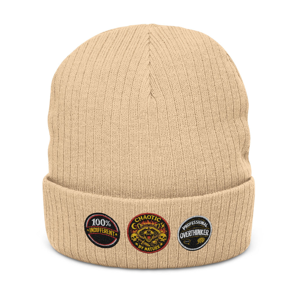 Faux-Embroidered Patch Ribbed Beanie — Vintage Crest Trio Knit Hat