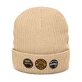 Faux-Embroidered Patch Ribbed Beanie — Vintage Crest Trio Knit Hat