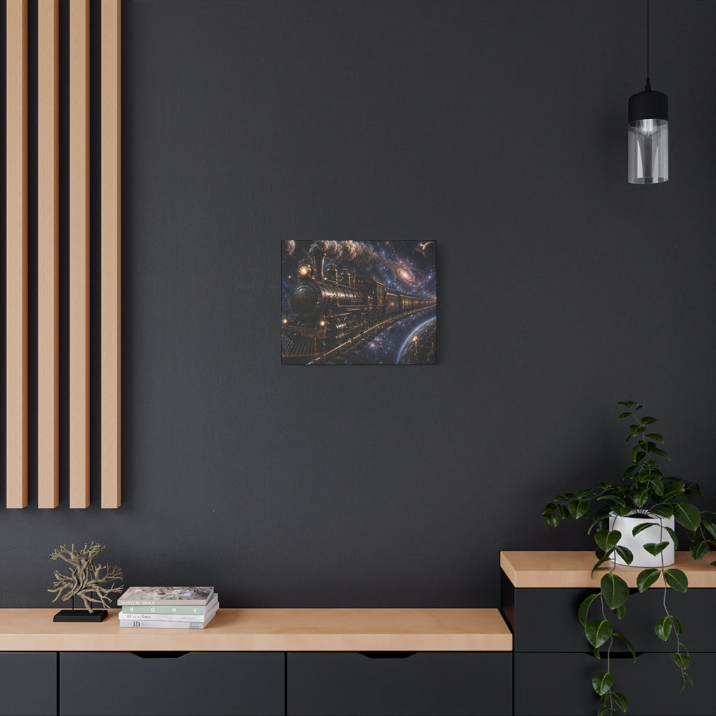 Steam Train Through the Cosmos Canvas Art — Vintage Locomotive Space Poster