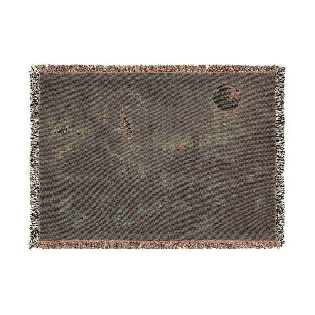 Dragon Night Woven Blanket — Mystical Moonlit Cityscape Throw
