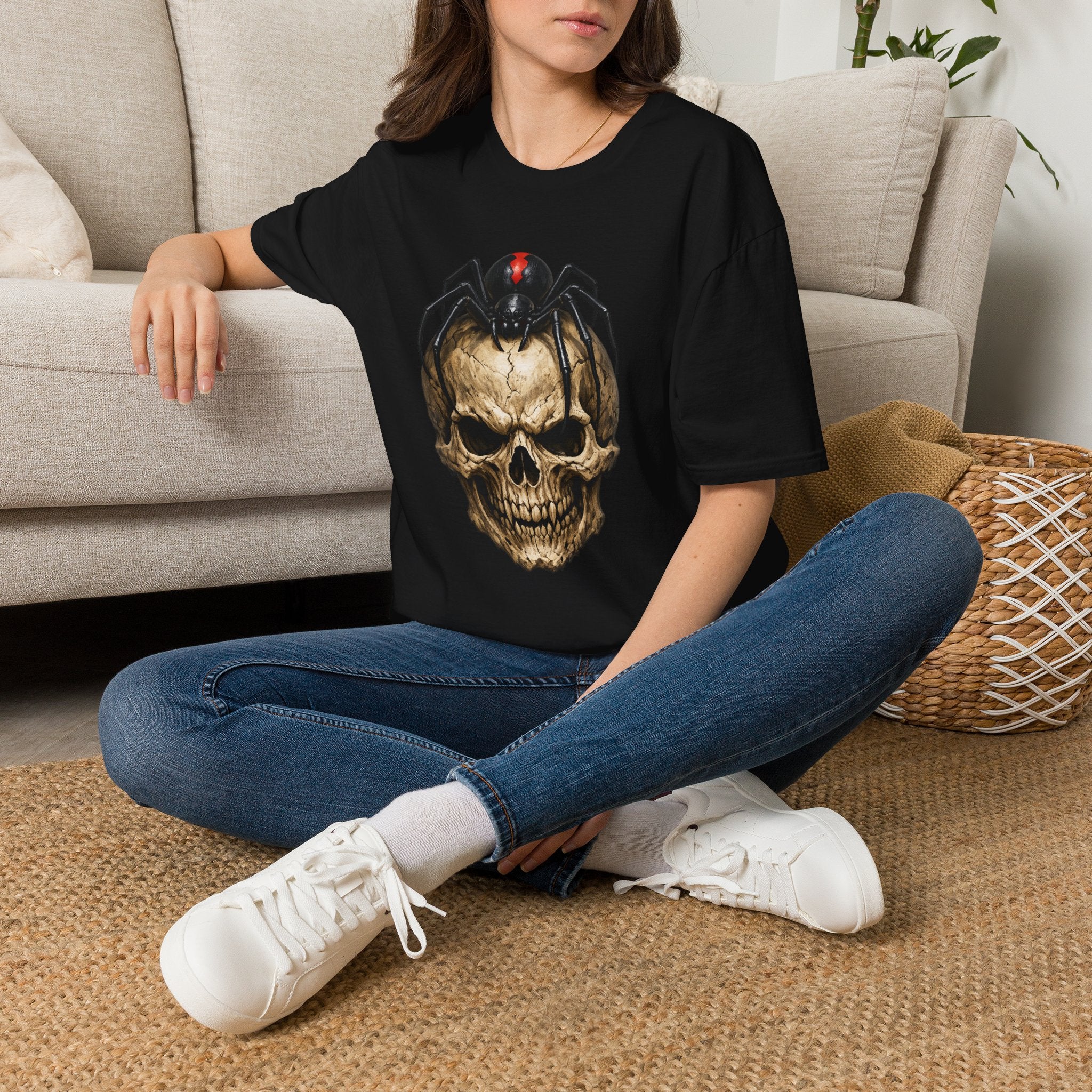 Skull with Black Widow Spider Graphic Gothic T-Shirt