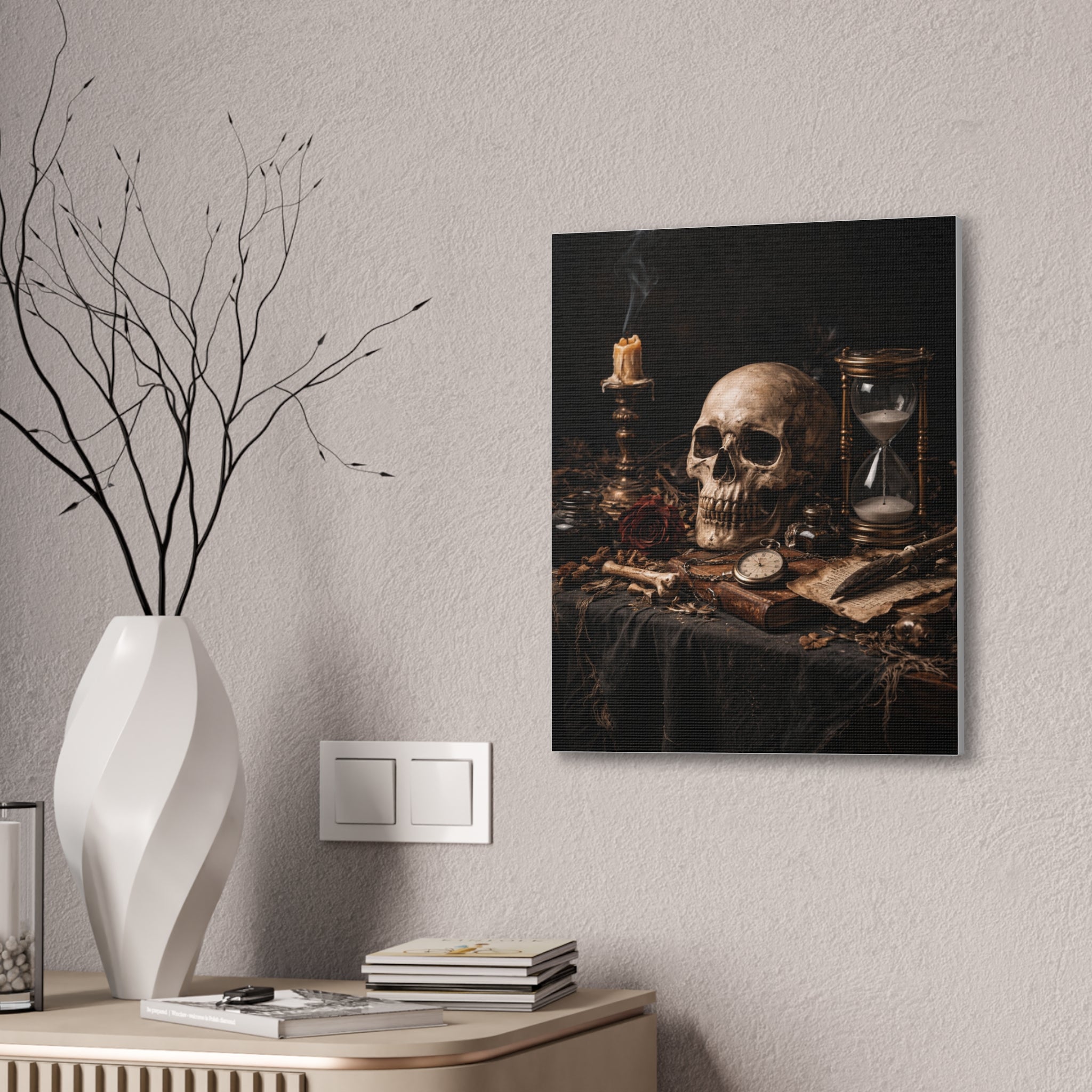 Memento Mori - Still Life Canvas — Skull, Hourglass & Candle Wall Art