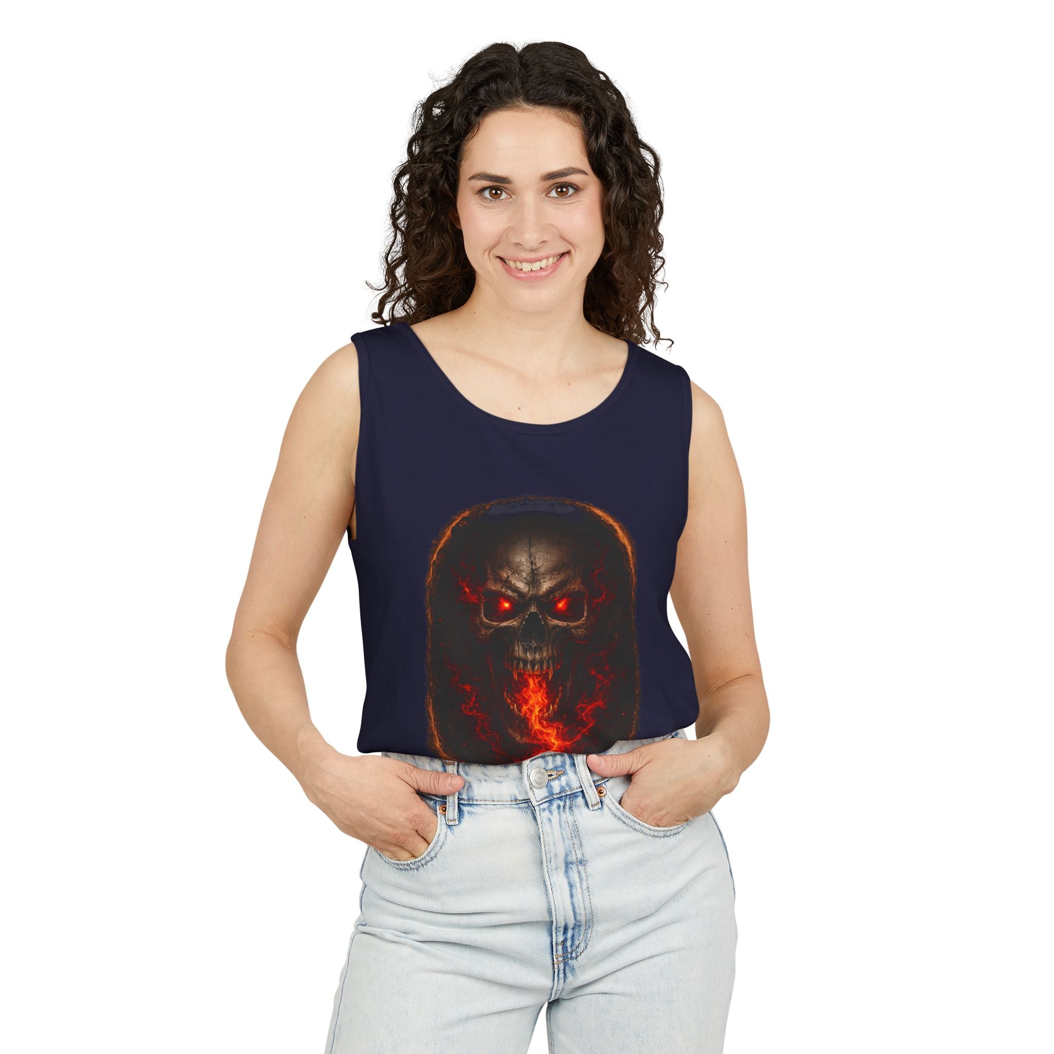 Demon Skull Flame Tank Top — Horror Graphic Summer Tee