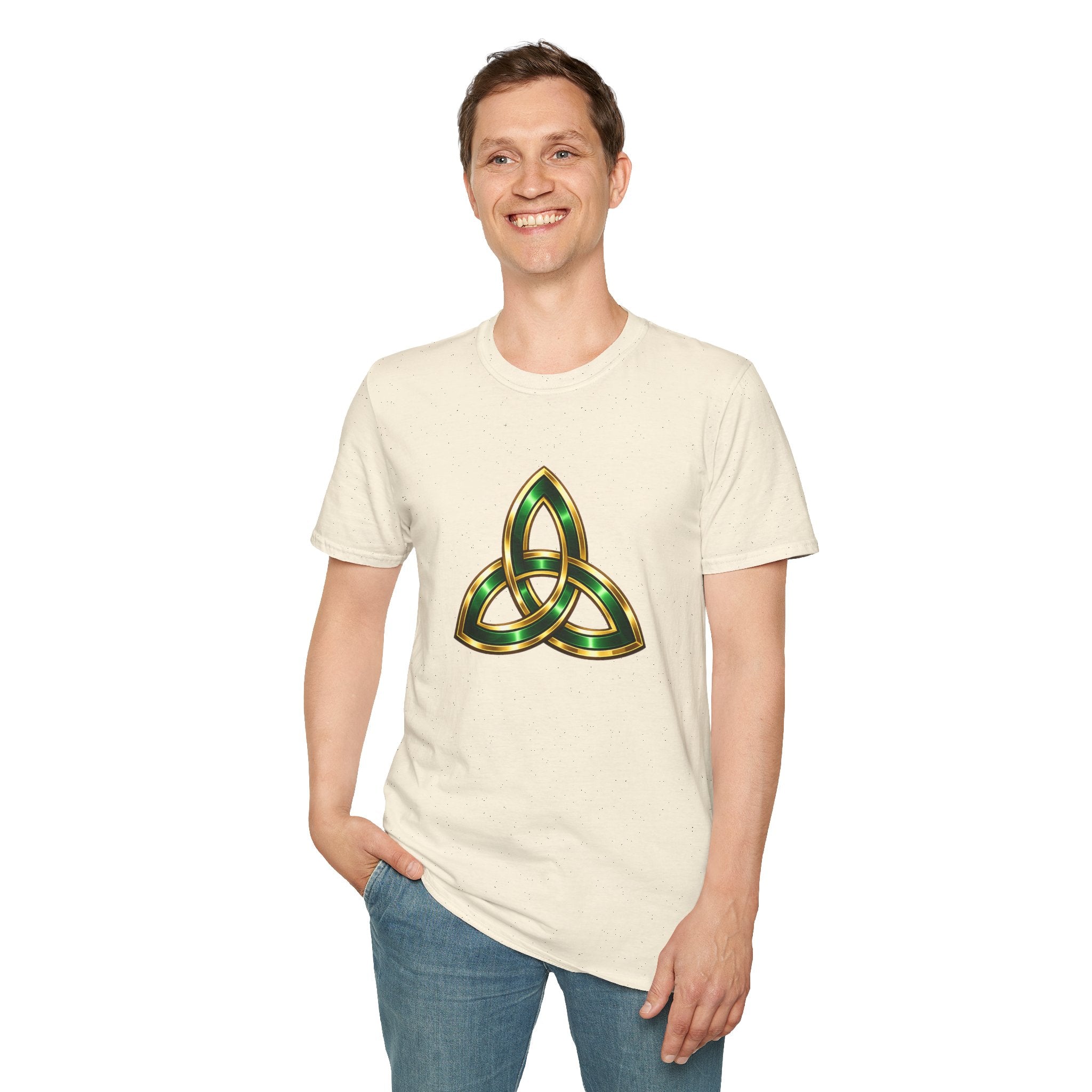 Celtic Trinity Knot T-Shirt — Gold & Emerald Irish Triquetra Design