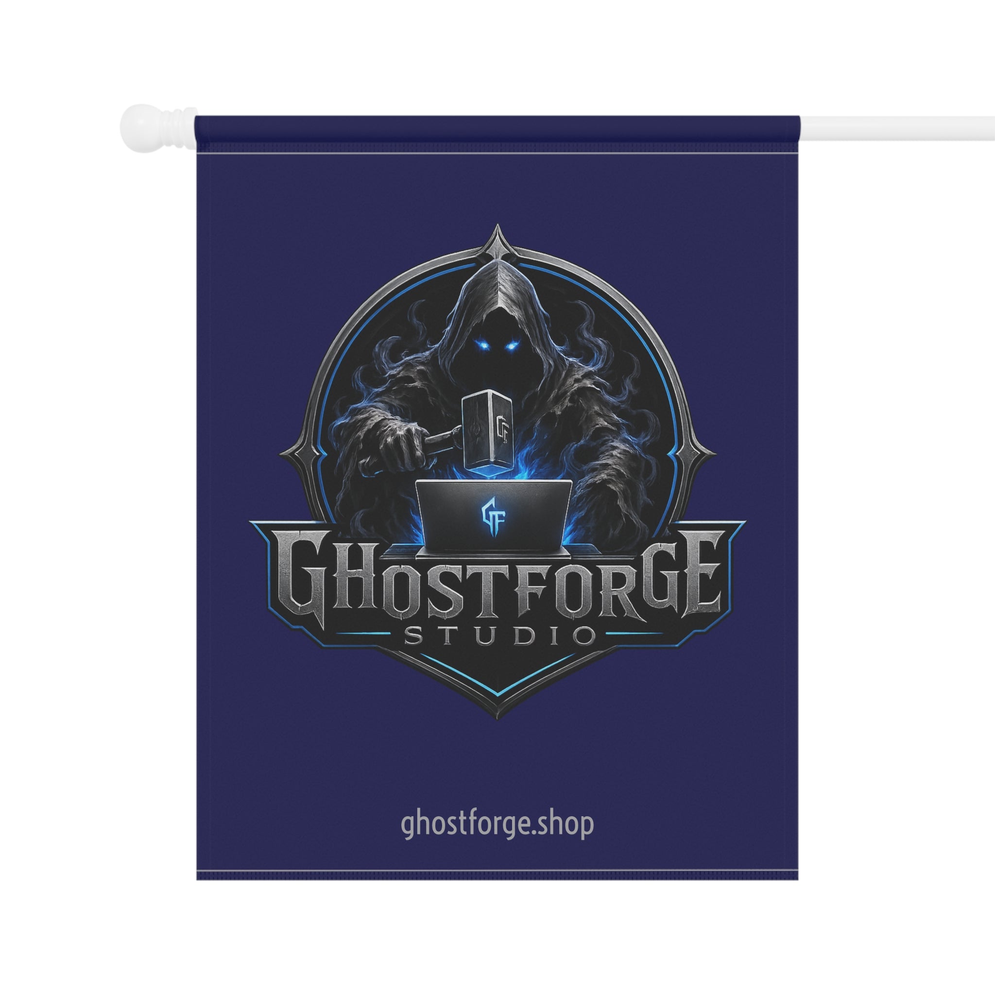 Ghostforge Studio Garden Flag — Dark Hooded Logo House Banner