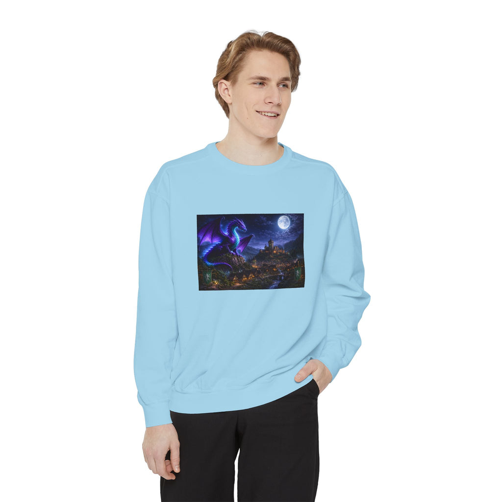 Dragon Night Sweatshirt — Mystical Purple Dragon Over Moonlit Village