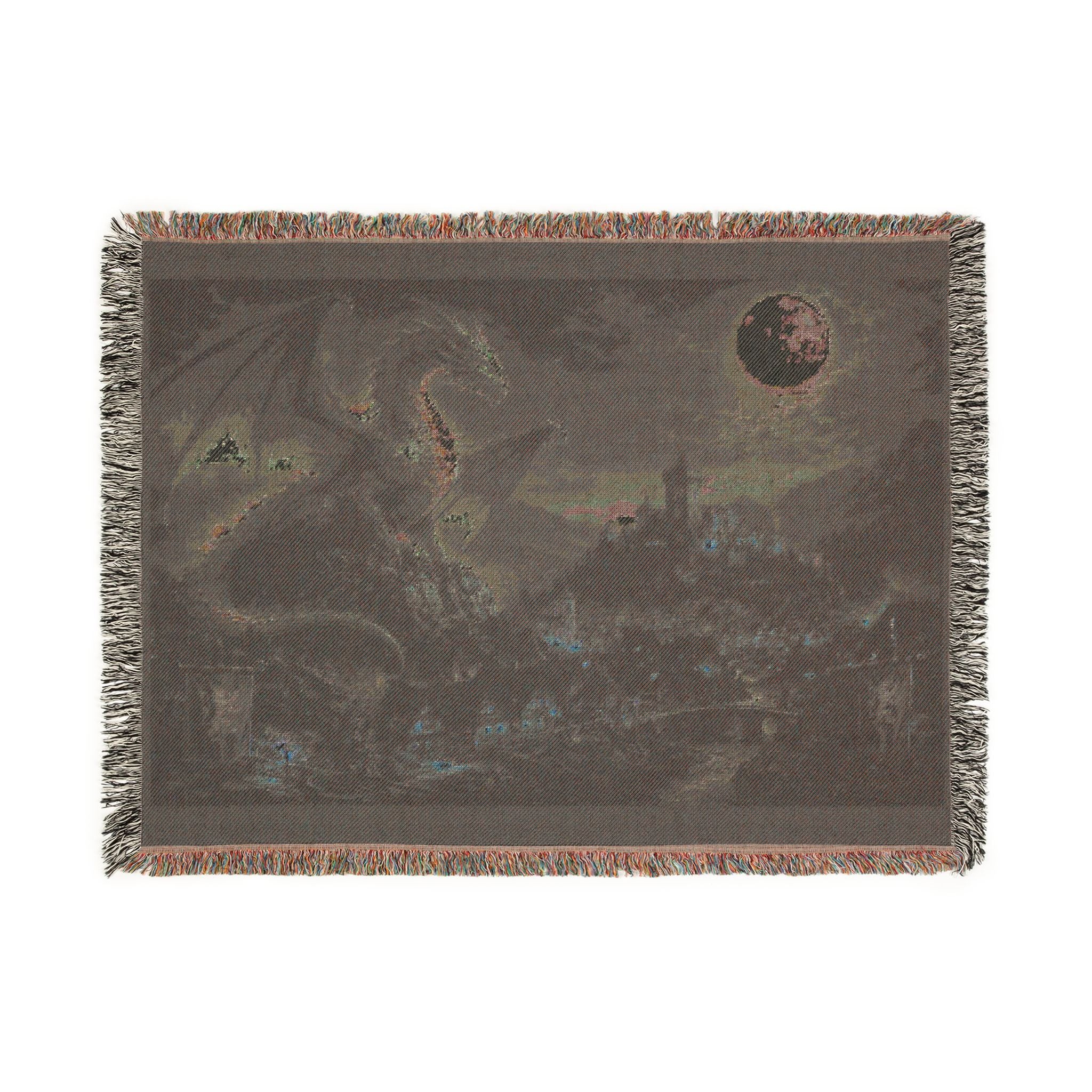 Dragon Night Woven Blanket — Mystical Moonlit Cityscape Throw