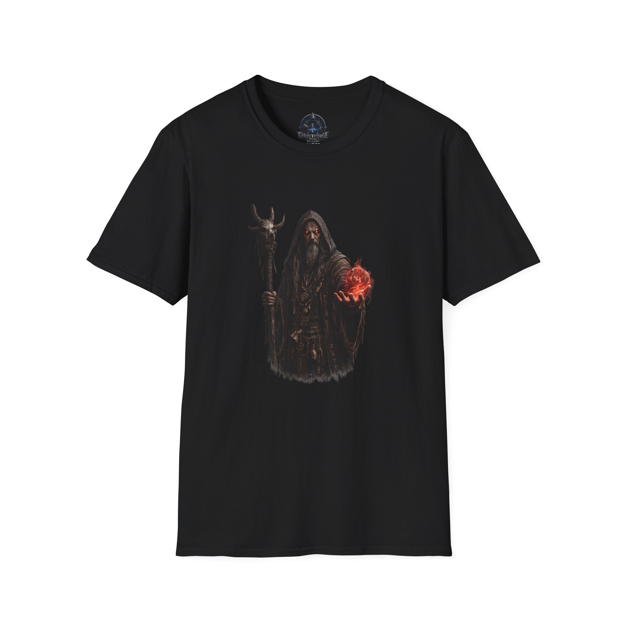 Dark Wizard T‑Shirt — Sorcerer with Flaming Orb Fantasy Tee