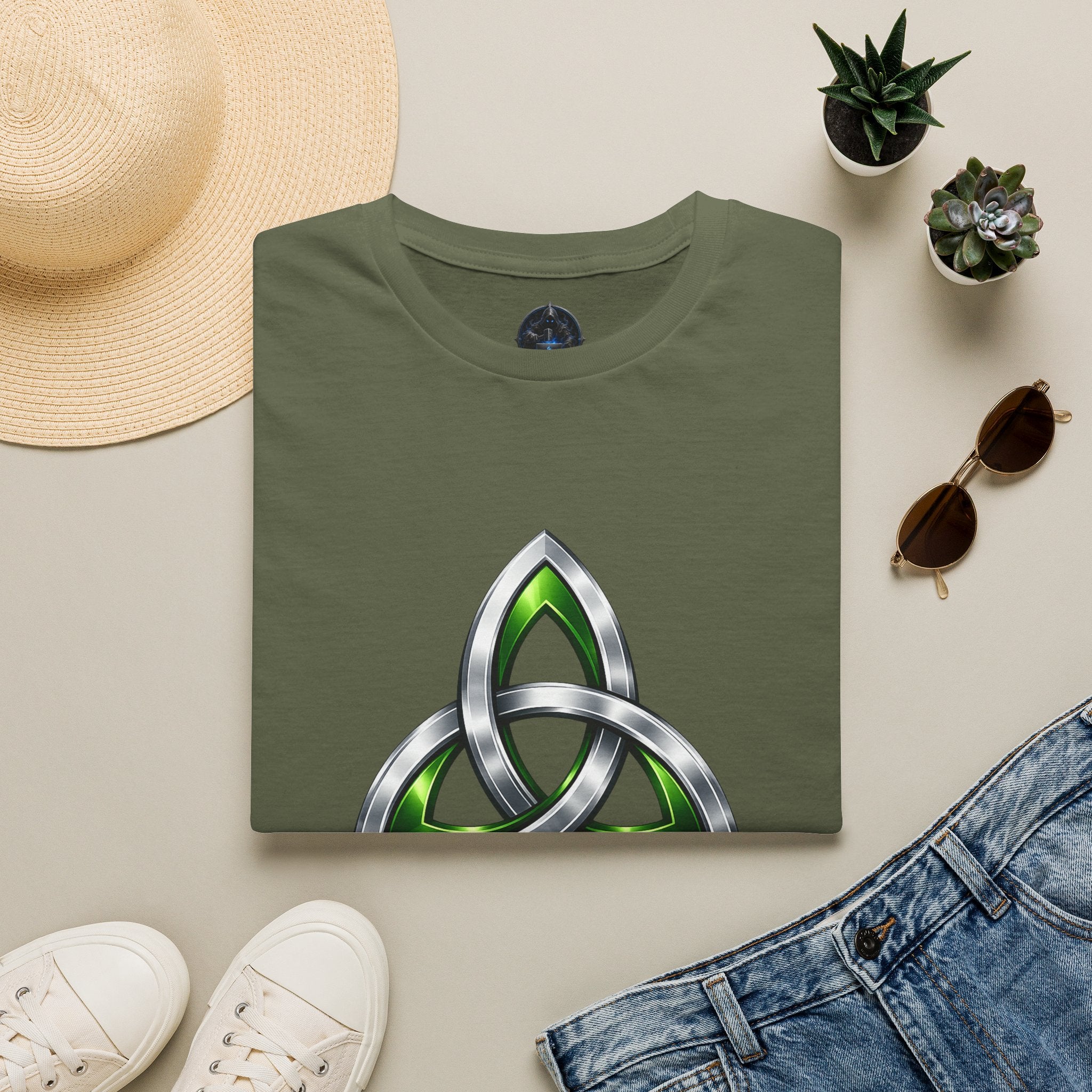 Celtic Trinity Knot T-Shirt — Metallic Green Triquetra Design