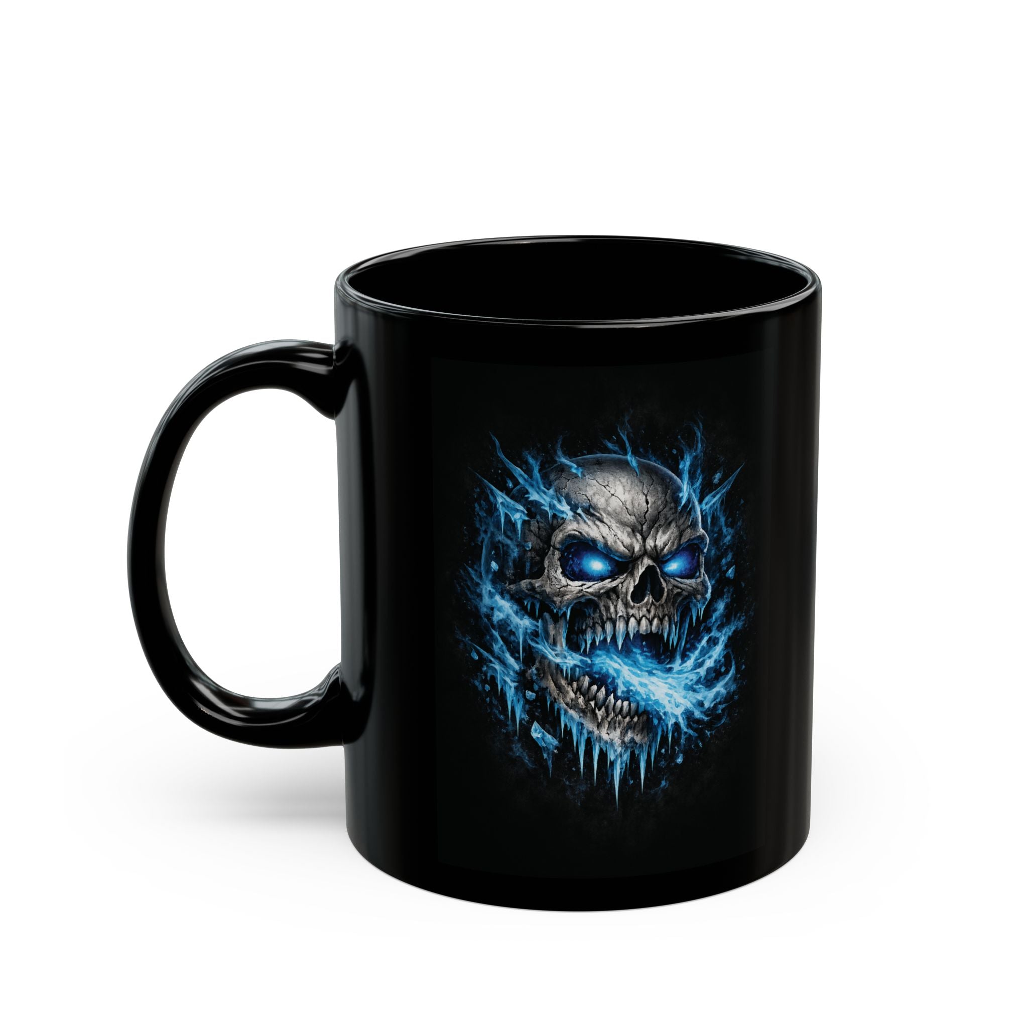 Blue Flame Skull Black Mug — Gothic Coffee Cup for Bikers, Metalheads & Halloween (11oz/15oz)
