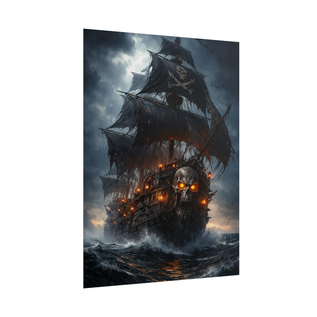 Haunted Pirate Ship Rolled Poster — Dark Skull Ghost Ship Wall Art