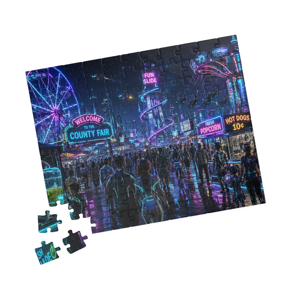Futuristic County Fair Neon Night Jigsaw Puzzle — Carnival Lights 252/520/1014 pc