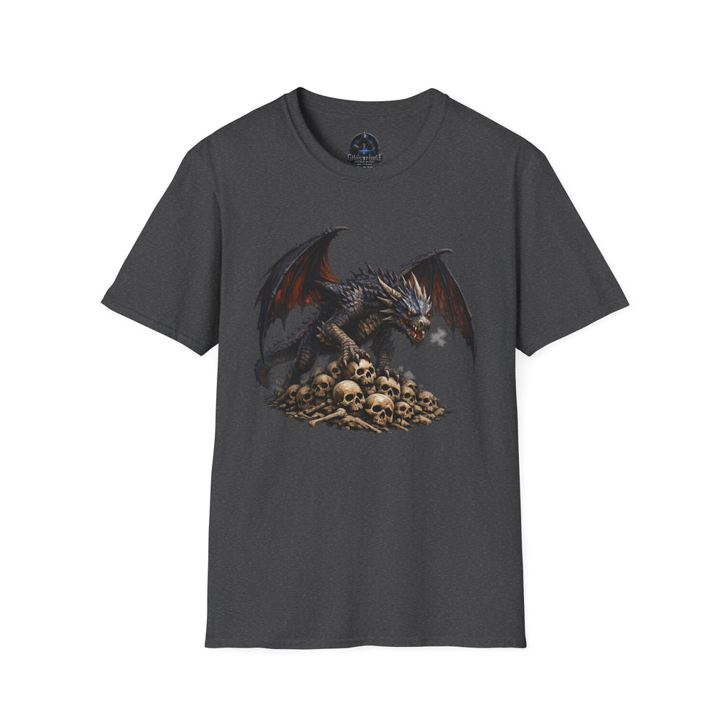 Dragon on Skull Pile Graphic T-Shirt — Dark Fantasy Winged Dragon Design